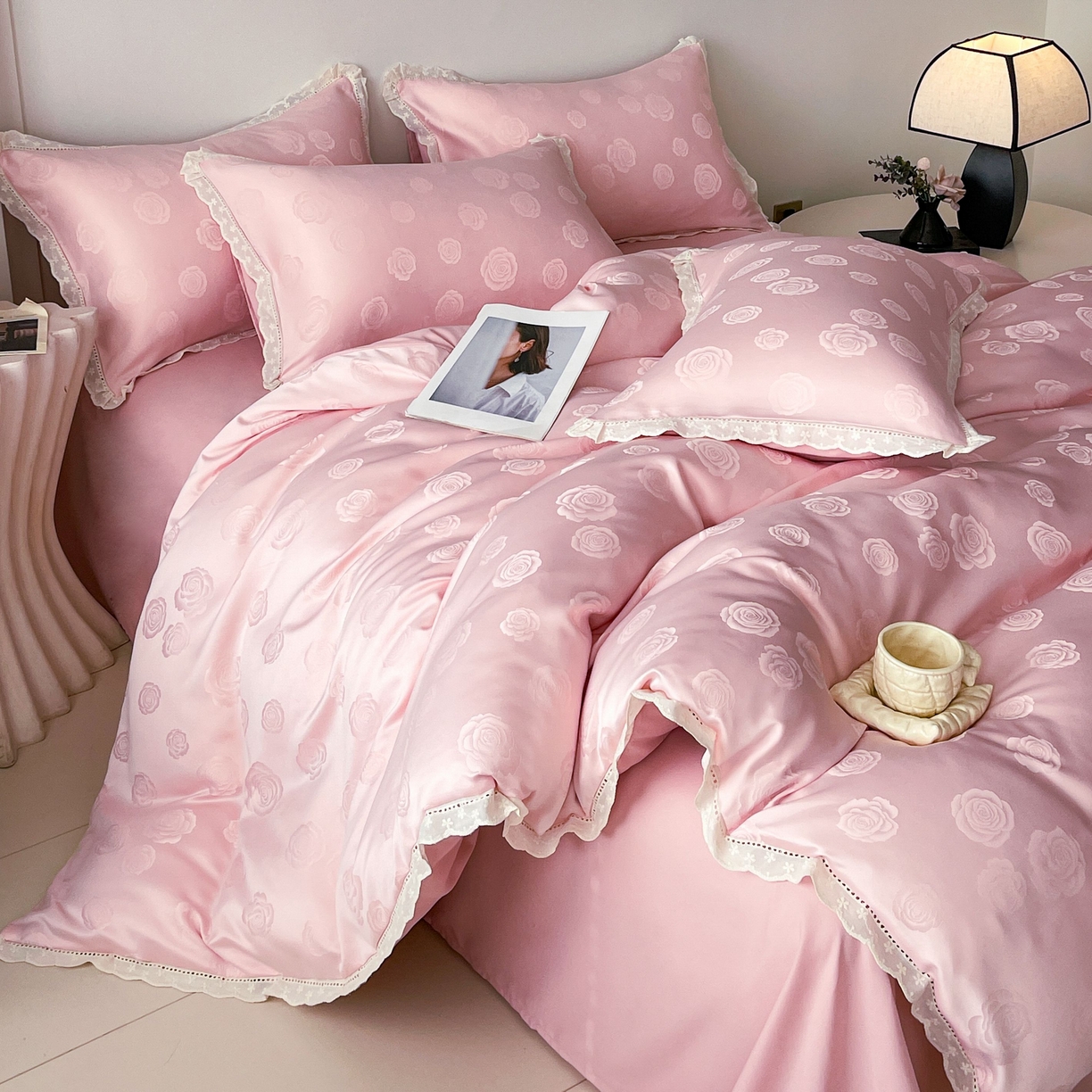 （总）大麦乐田 2026春夏新款贡缎提花花边双拼四件套