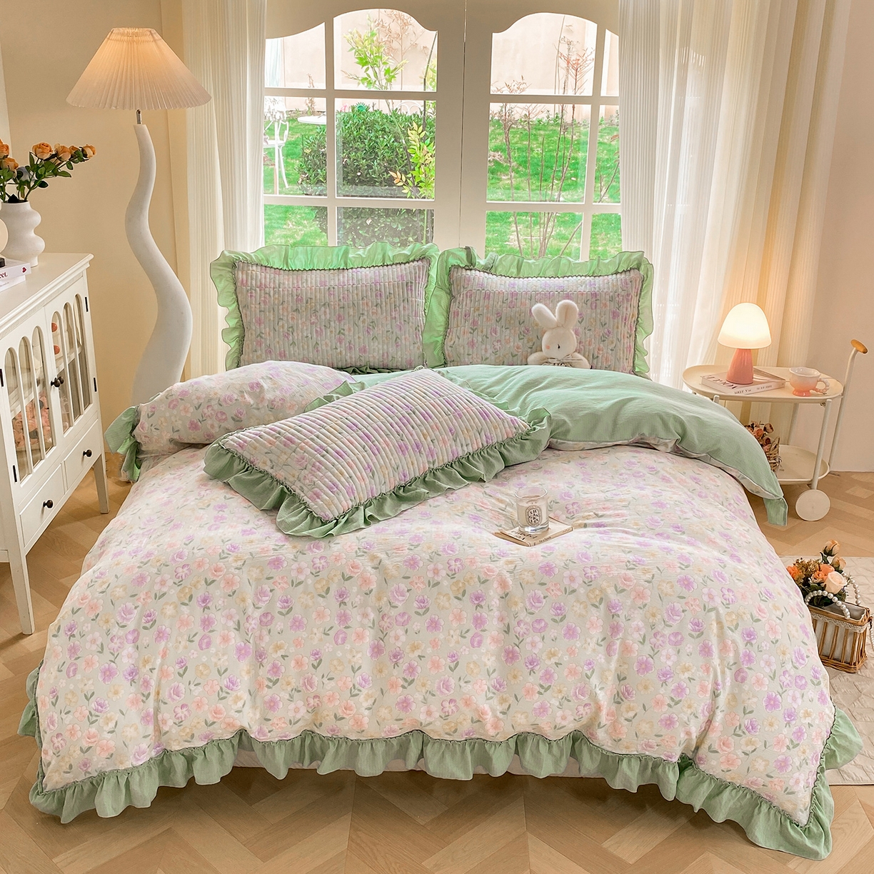 91家纺网 家纺一手货源 找家纺 眠势力 2026新款云感皱皱纱床盖四件套 春野织梦