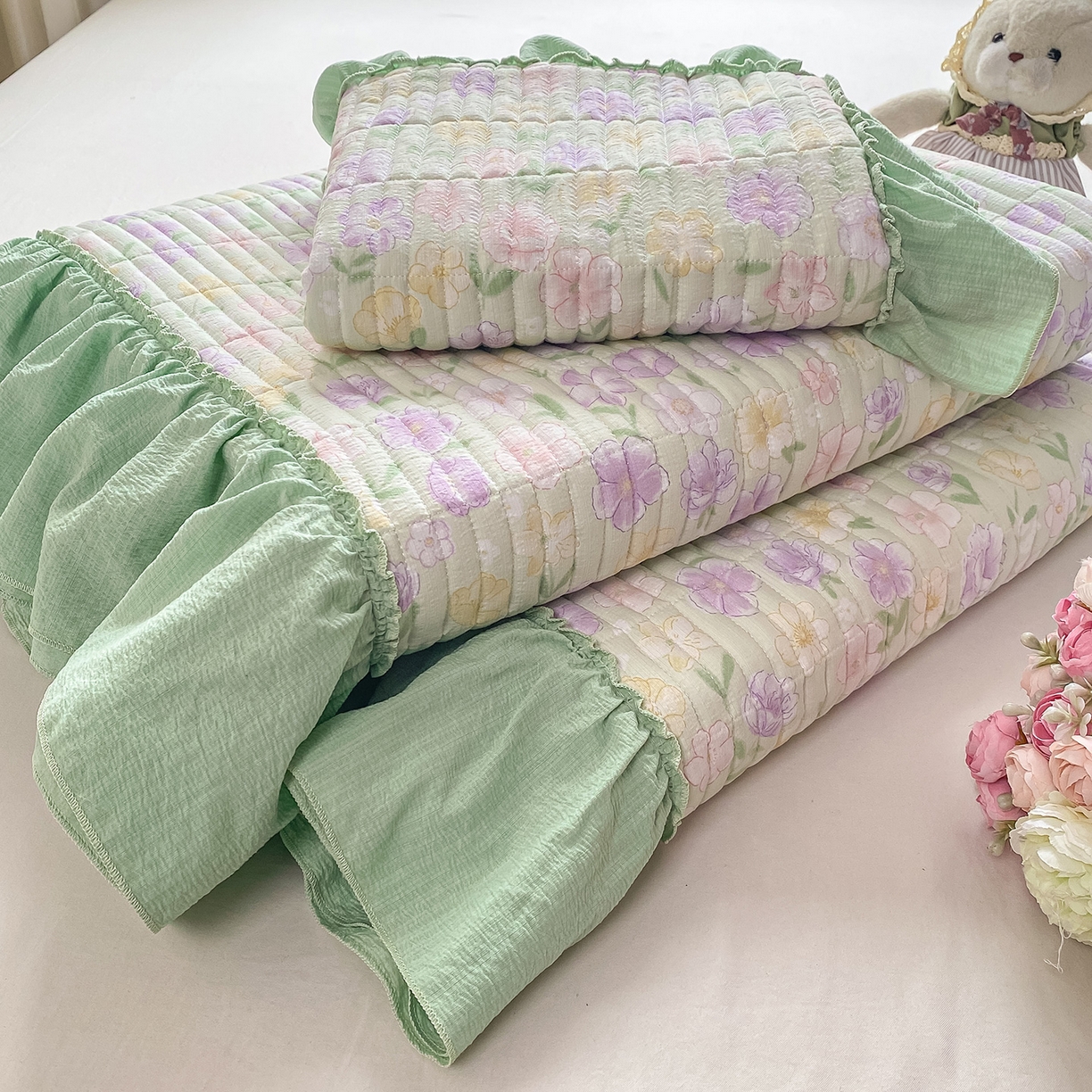 91家纺网 家纺一手货源 找家纺 眠势力 2026新款云感皱皱纱床盖四件套 春野织梦