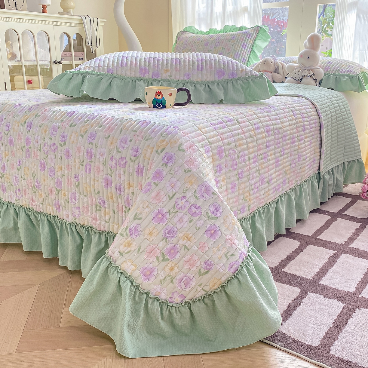 91家纺网 家纺一手货源 找家纺 眠势力 2026新款云感皱皱纱床盖四件套 春野织梦