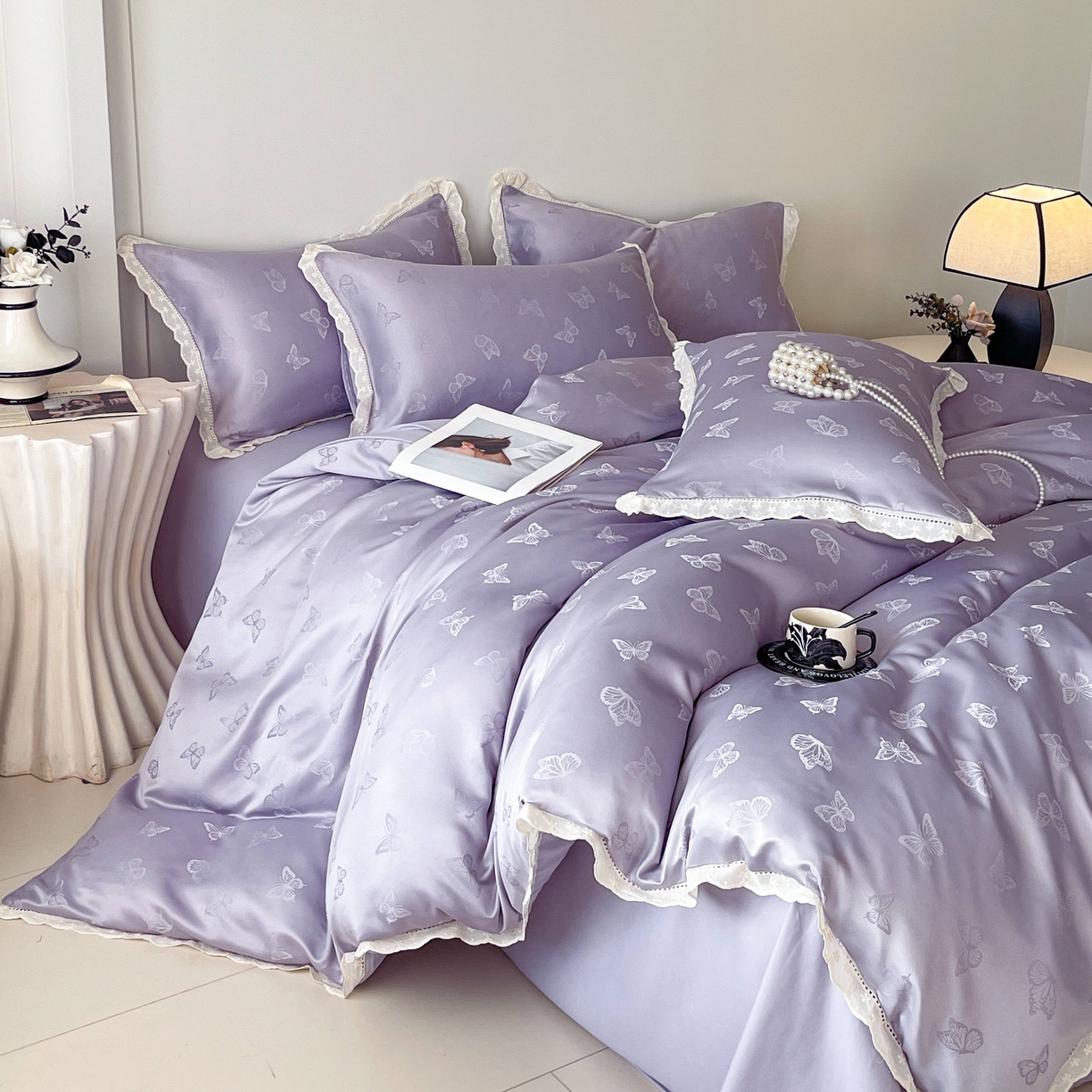 大麦乐田 2026春夏新款贡缎提花花边双拼四件套 蝴蝶 初恋紫