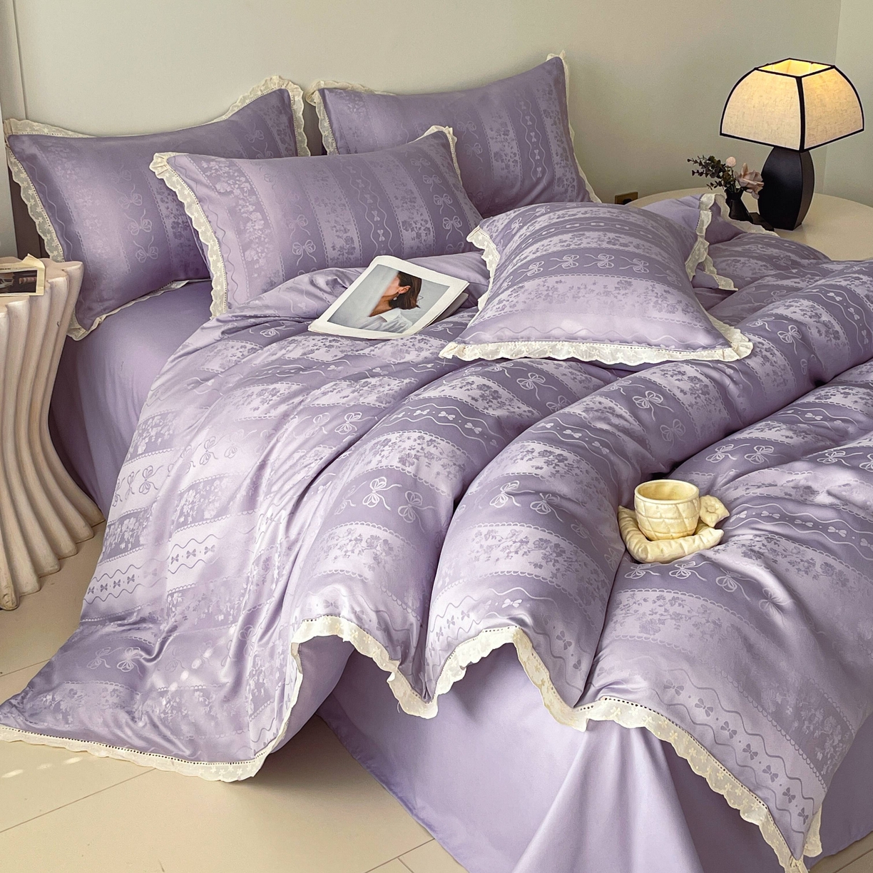 大麦乐田 2026春夏新款贡缎提花花边双拼四件套 恬梦 初恋紫