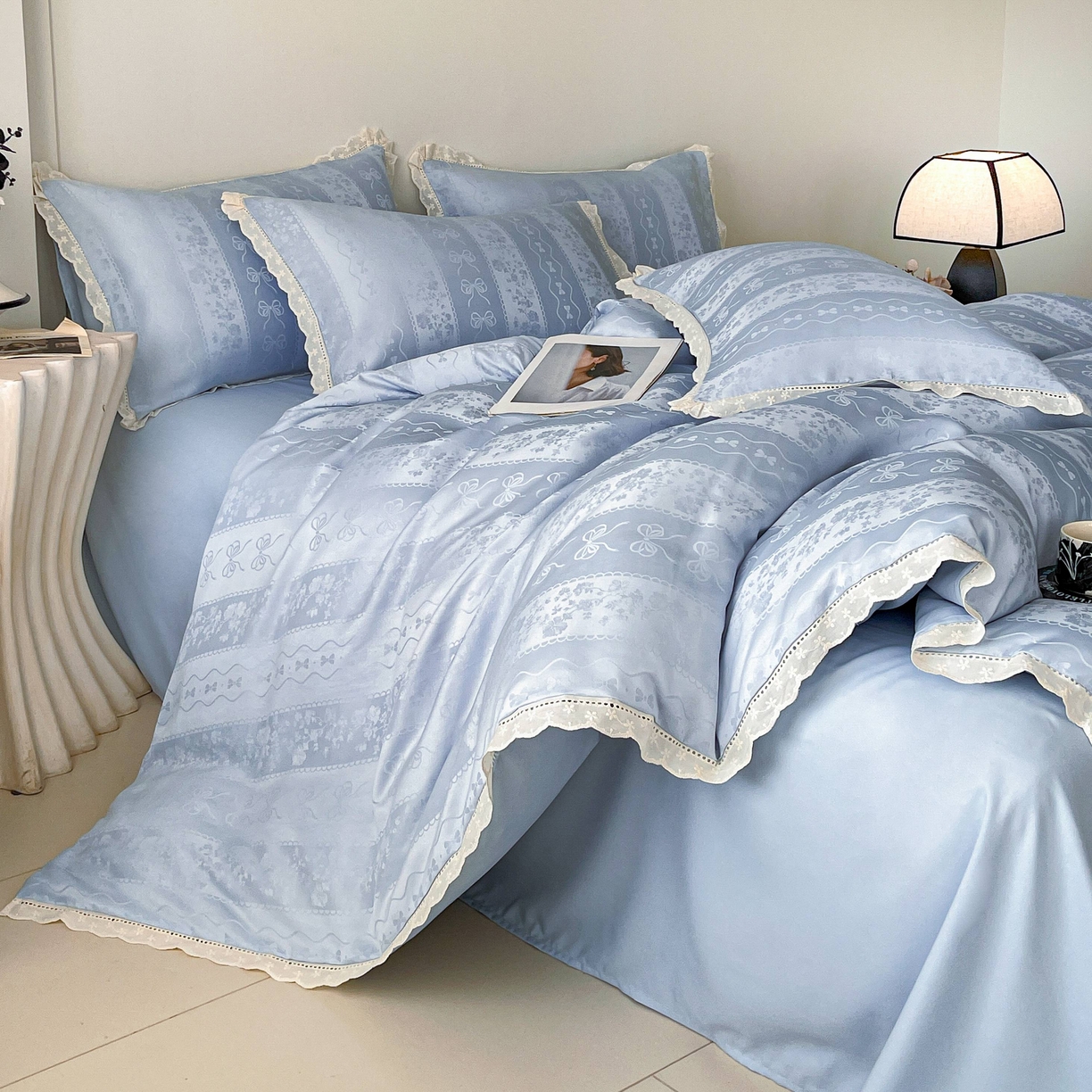 大麦乐田 2026春夏新款贡缎提花花边双拼四件套 恬梦 山水兰