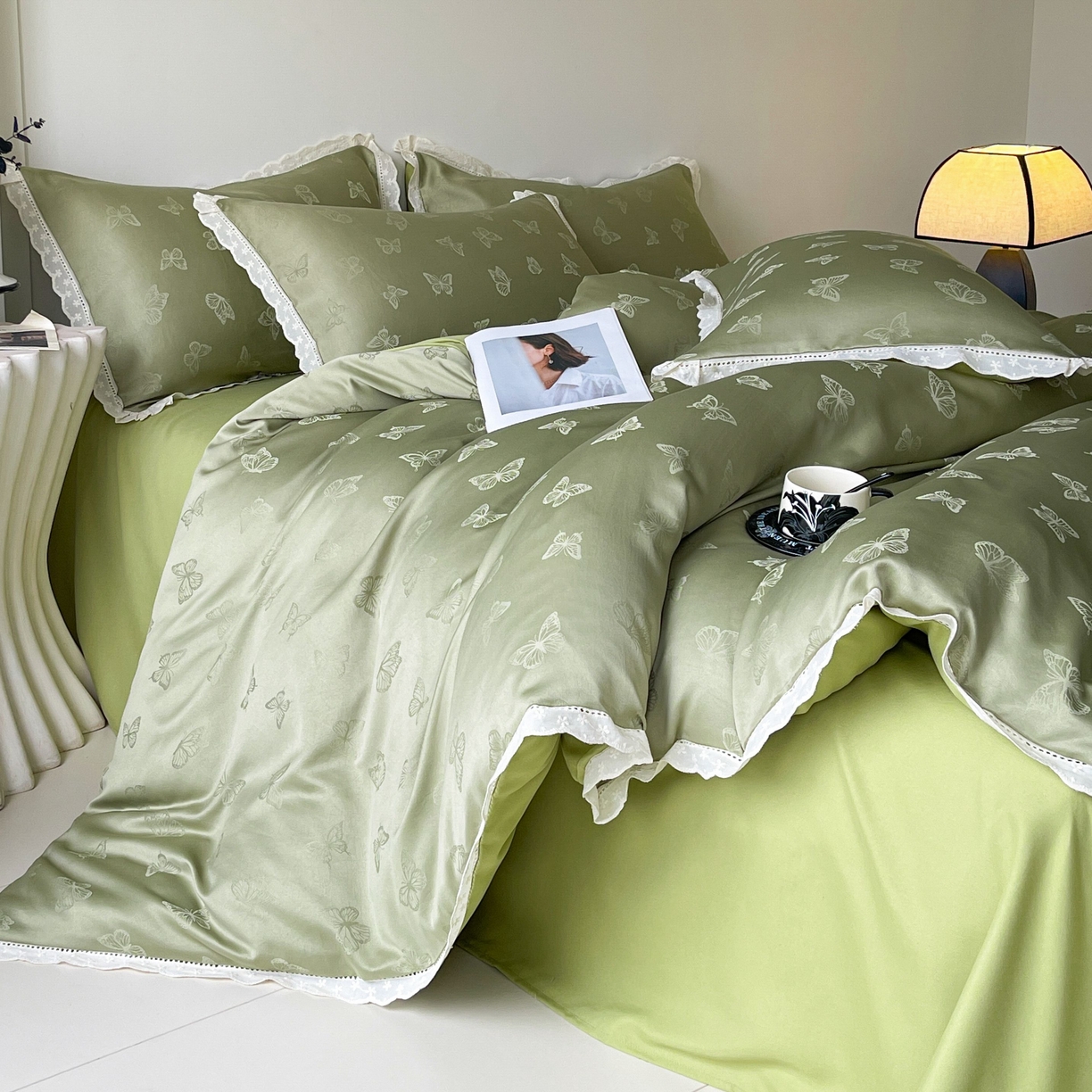 大麦乐田 2026春夏新款贡缎提花花边双拼四件套 蝴蝶 抹茶绿