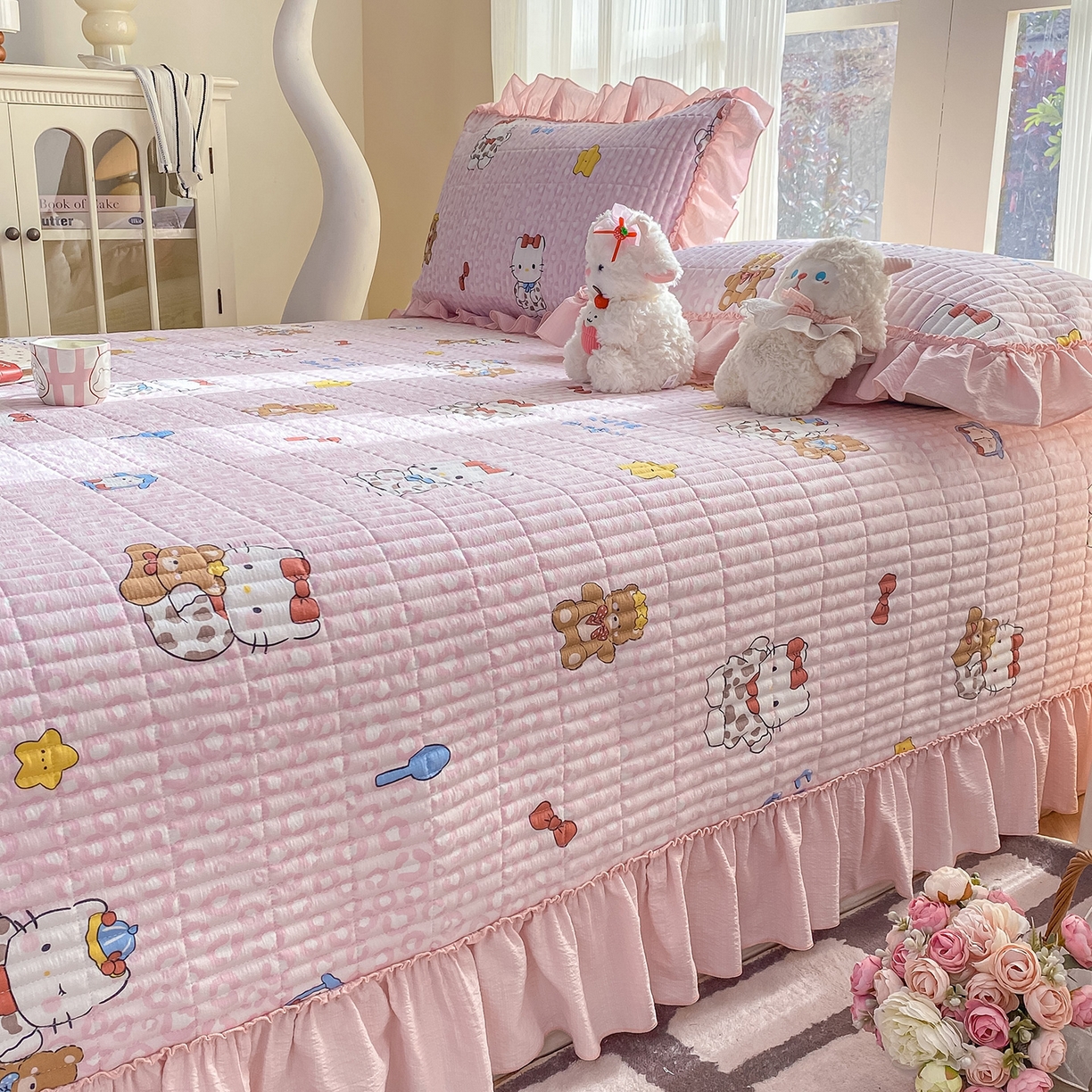 91家纺网 家纺一手货源 找家纺 眠势力 2026新款云感皱皱纱床盖四件套 哈喽猫咪