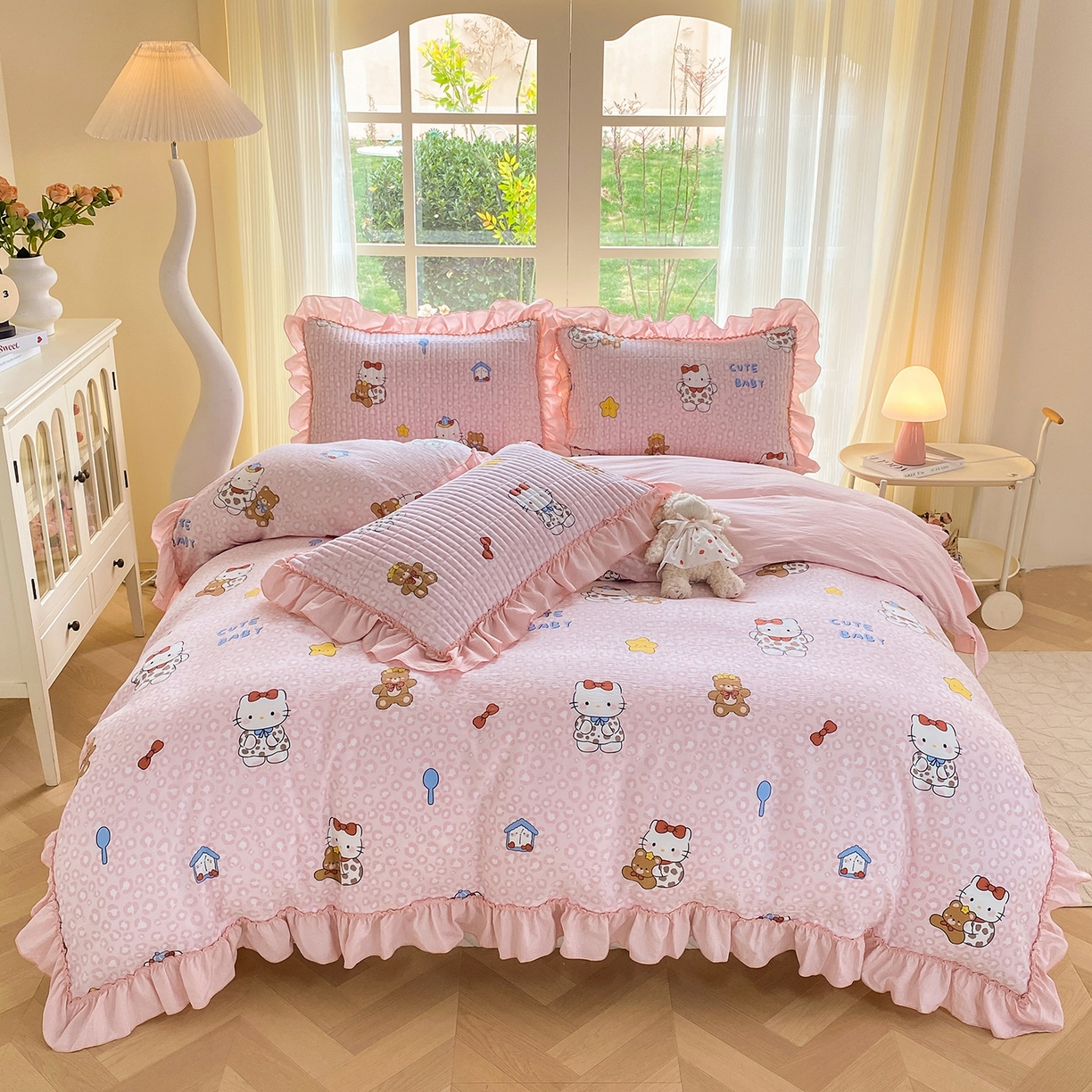 91家纺网 家纺一手货源 找家纺 眠势力 2026新款云感皱皱纱床盖四件套 哈喽猫咪