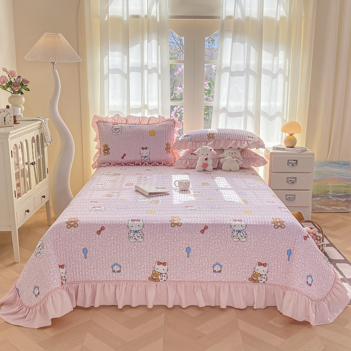 91家纺网 家纺一手货源 找家纺 眠势力 2026新款云感皱皱纱床盖四件套 哈喽猫咪