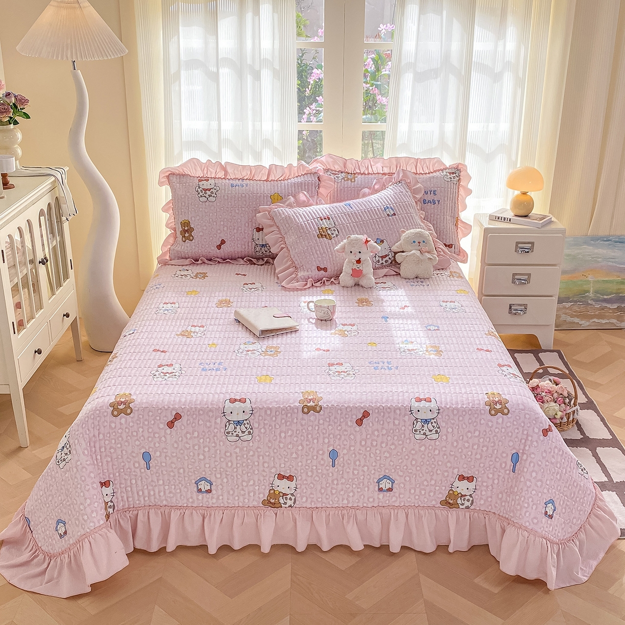 91家纺网 家纺一手货源 找家纺 眠势力 2026新款云感皱皱纱床盖四件套 哈喽猫咪