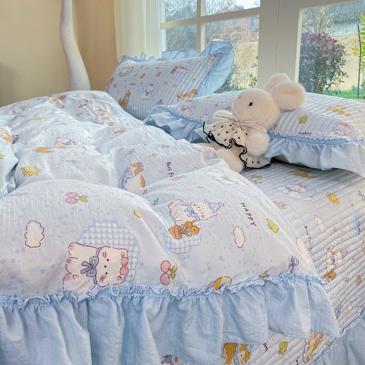 眠势力 2026新款云感皱皱纱床盖四件套 海盐奶猫