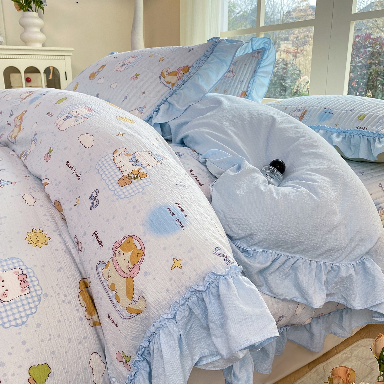 91家纺网 家纺一手货源 找家纺 眠势力 2026新款云感皱皱纱床盖四件套 海盐奶猫