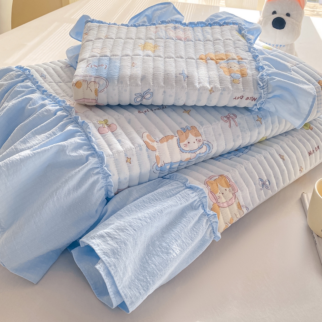 91家纺网 家纺一手货源 找家纺 眠势力 2026新款云感皱皱纱床盖四件套 海盐奶猫