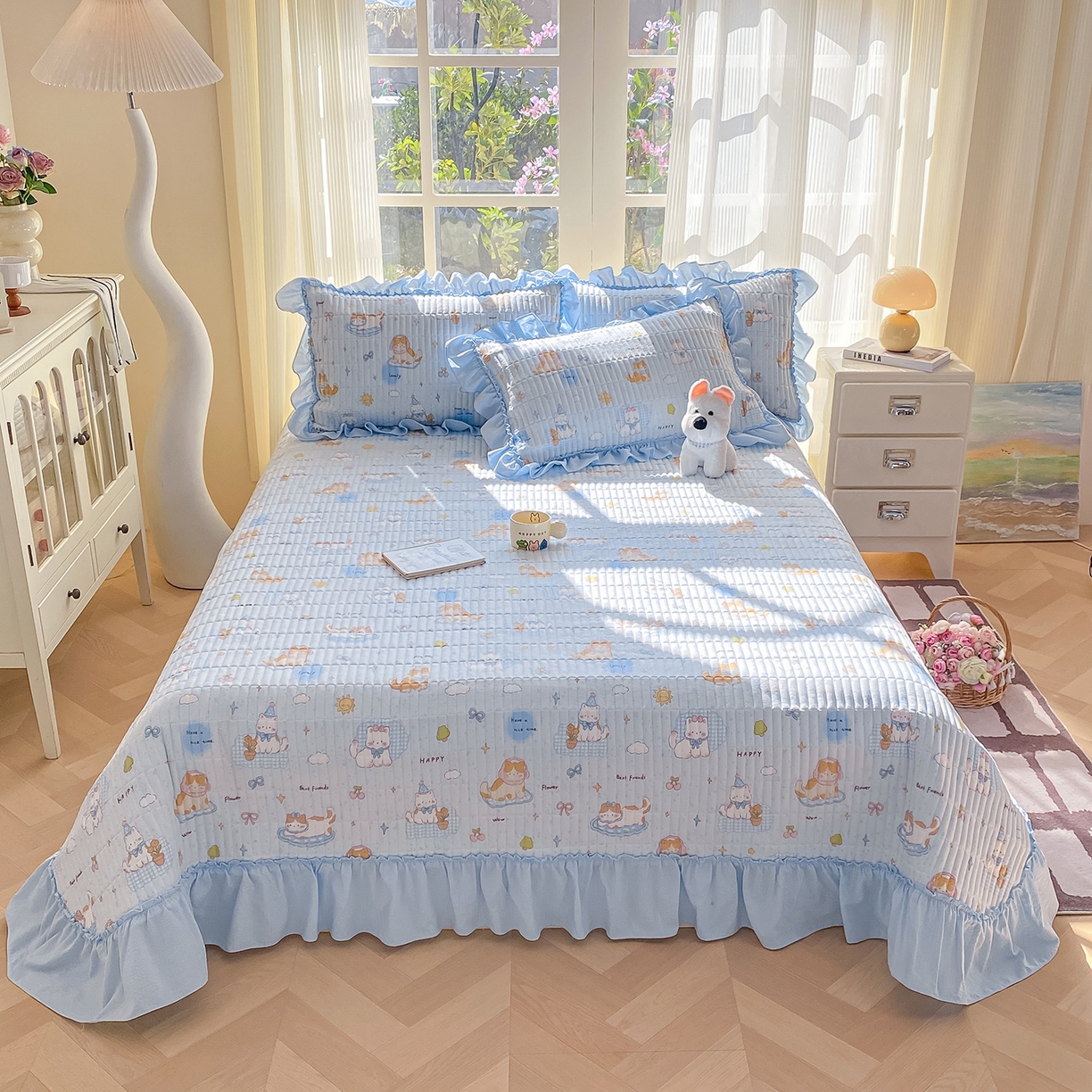 91家纺网 家纺一手货源 找家纺 眠势力 2026新款云感皱皱纱床盖四件套 海盐奶猫