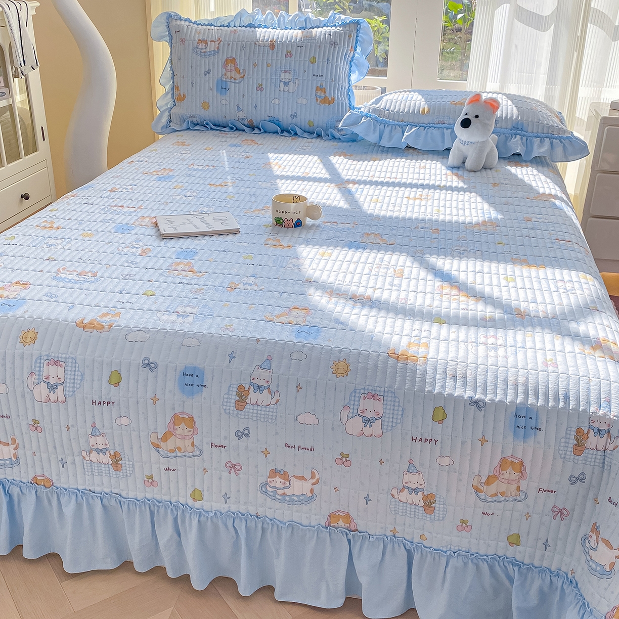 91家纺网 家纺一手货源 找家纺 眠势力 2026新款云感皱皱纱床盖四件套 海盐奶猫