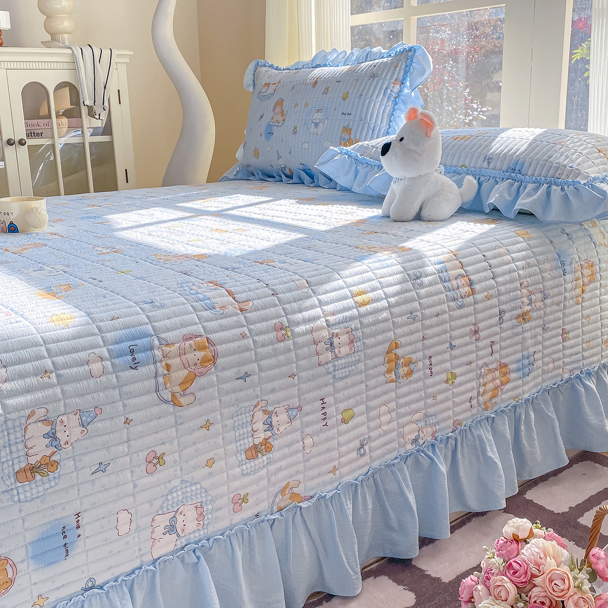 91家纺网 家纺一手货源 找家纺 眠势力 2026新款云感皱皱纱床盖四件套 海盐奶猫