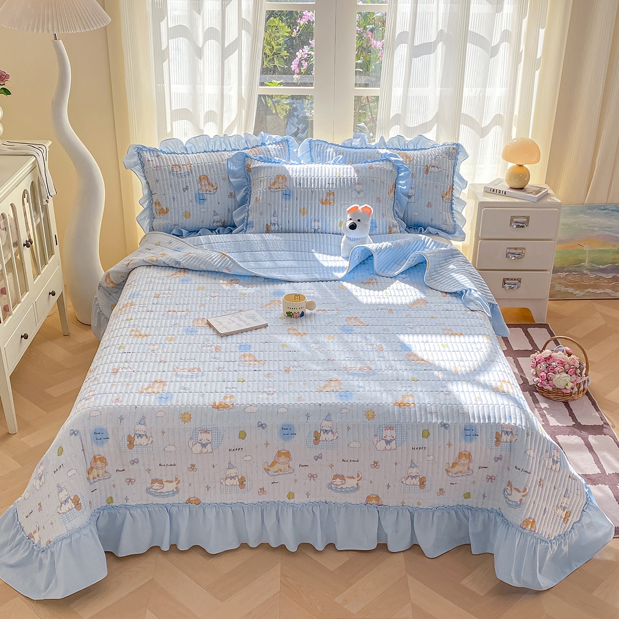 91家纺网 家纺一手货源 找家纺 眠势力 2026新款云感皱皱纱床盖四件套 海盐奶猫