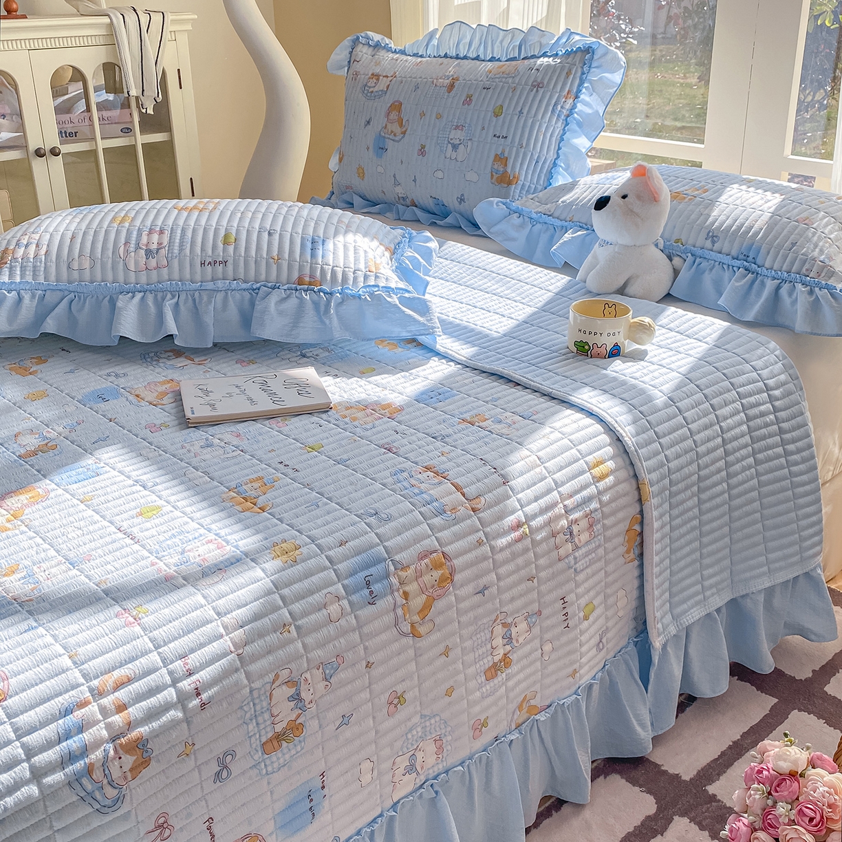 91家纺网 家纺一手货源 找家纺 眠势力 2026新款云感皱皱纱床盖四件套 海盐奶猫