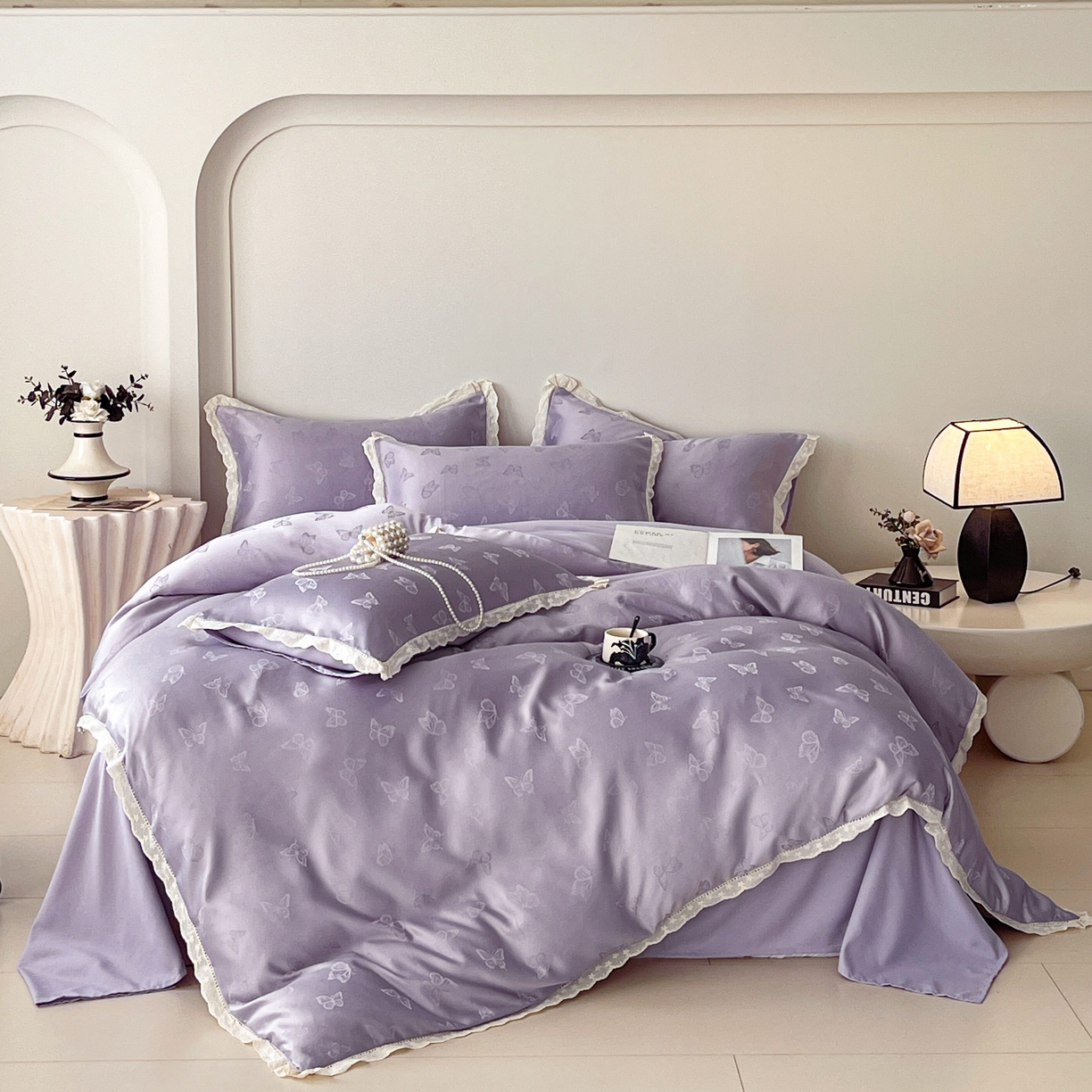 91家纺网 家纺一手货源 找家纺 大麦乐田 2026春夏新款贡缎提花花边双拼四件套 蝴蝶 初恋紫