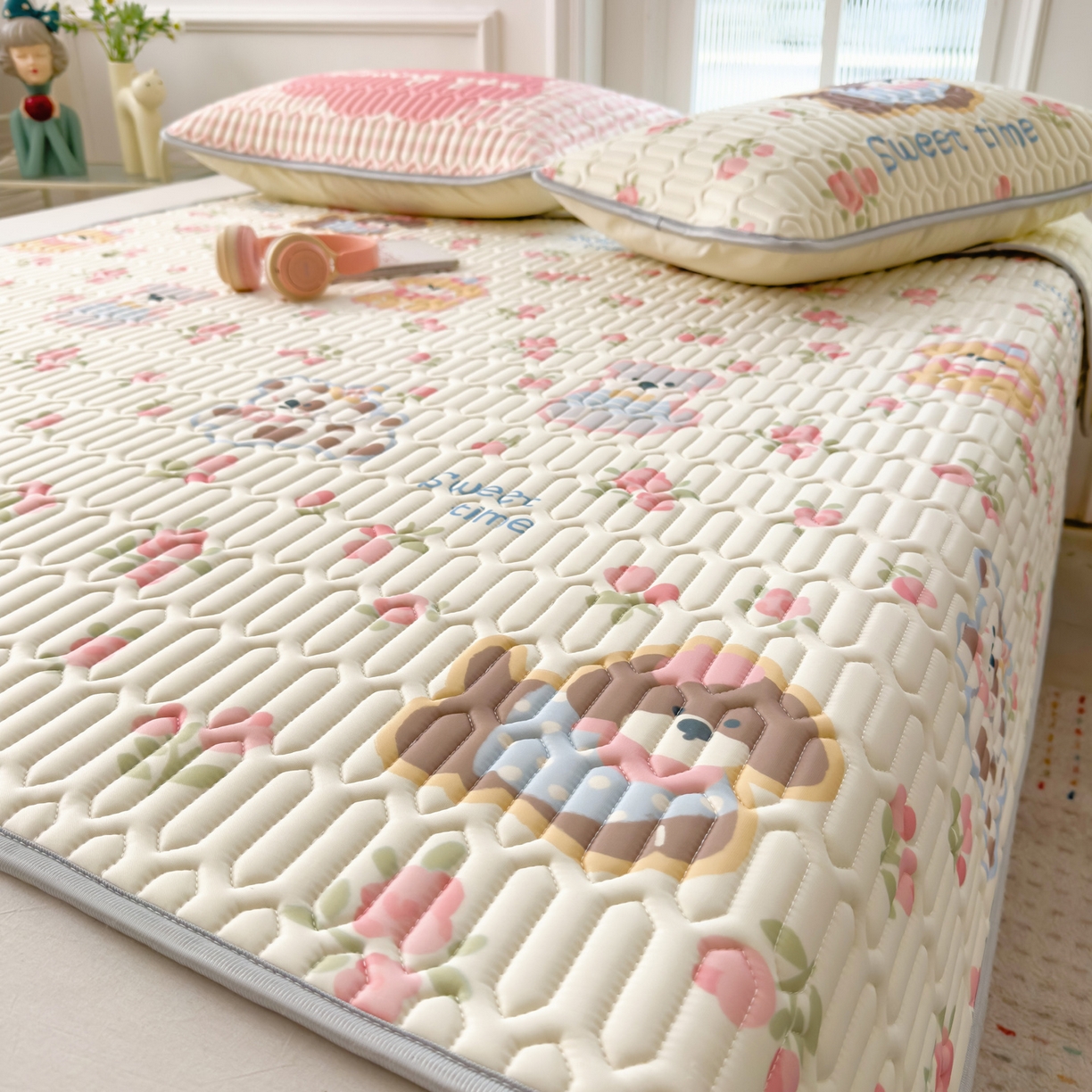 91家纺网 家纺一手货源 找家纺 摩妮卡 2026新款数码大版小清新乳胶凉席床席款三件套-场景二 萌犬花海