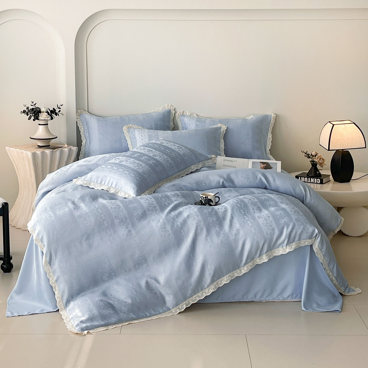 91家纺网 家纺一手货源 找家纺 大麦乐田 2026春夏新款贡缎提花花边双拼四件套 恬梦 山水兰