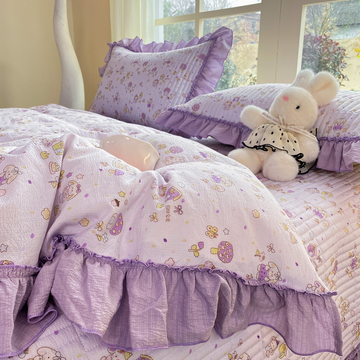 眠势力 2026新款云感皱皱纱床盖四件套 萌兔乐园