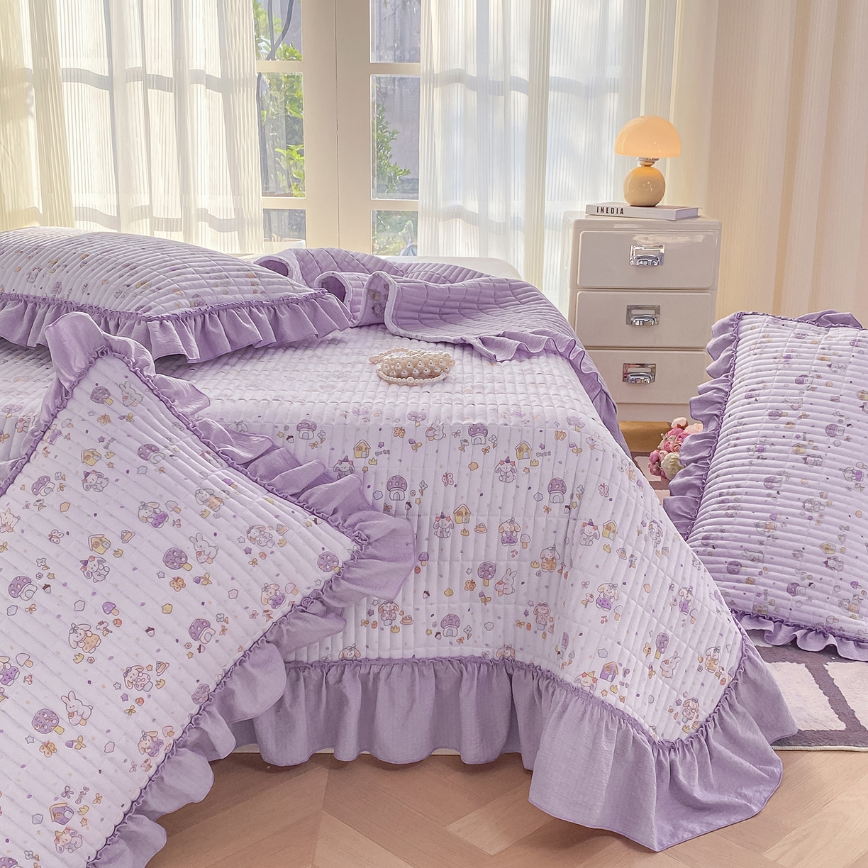 91家纺网 家纺一手货源 找家纺 眠势力 2026新款云感皱皱纱床盖四件套 萌兔乐园