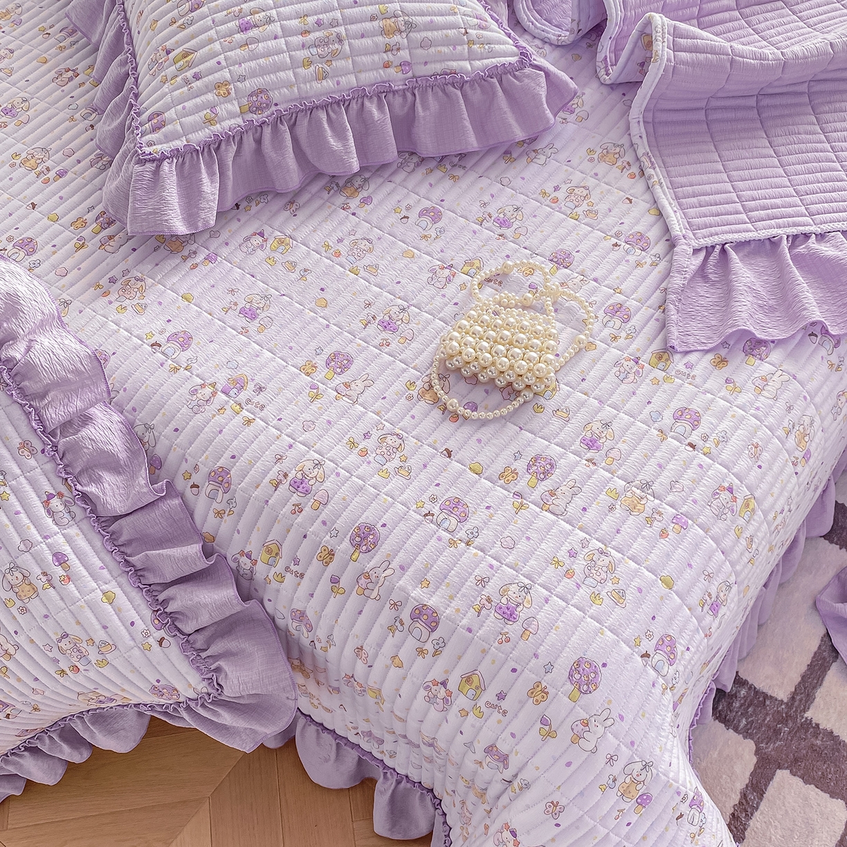 91家纺网 家纺一手货源 找家纺 眠势力 2026新款云感皱皱纱床盖四件套 萌兔乐园