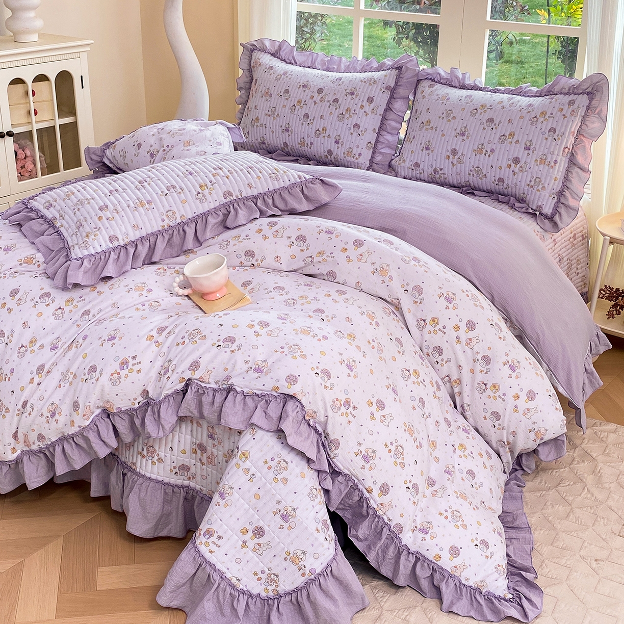 91家纺网 家纺一手货源 找家纺 眠势力 2026新款云感皱皱纱床盖四件套 萌兔乐园