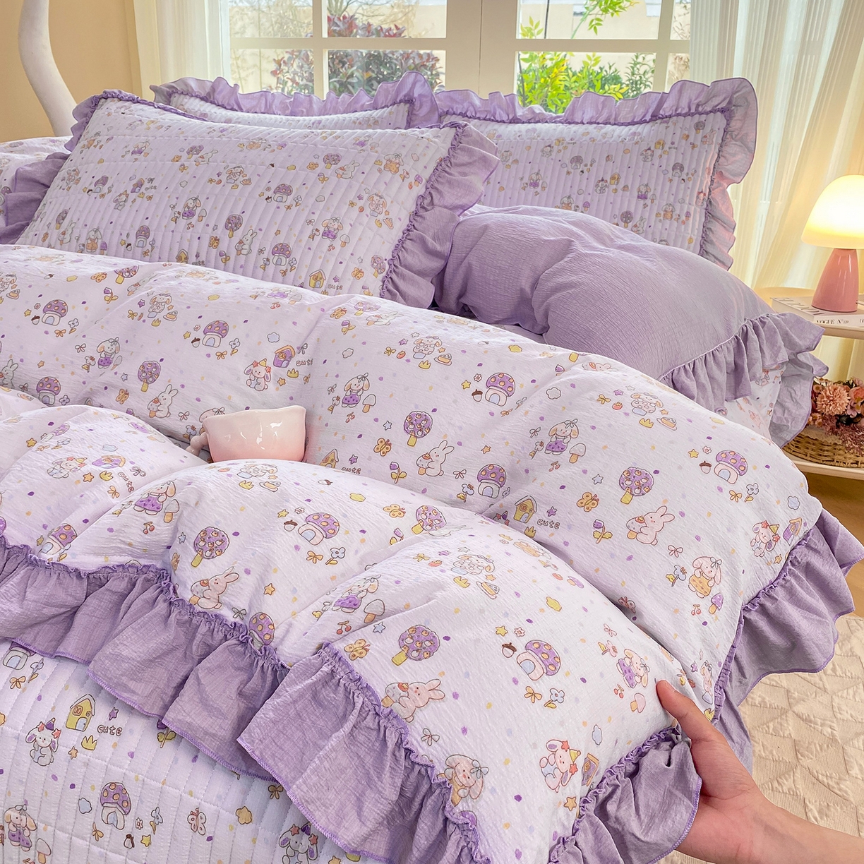 91家纺网 家纺一手货源 找家纺 眠势力 2026新款云感皱皱纱床盖四件套 萌兔乐园