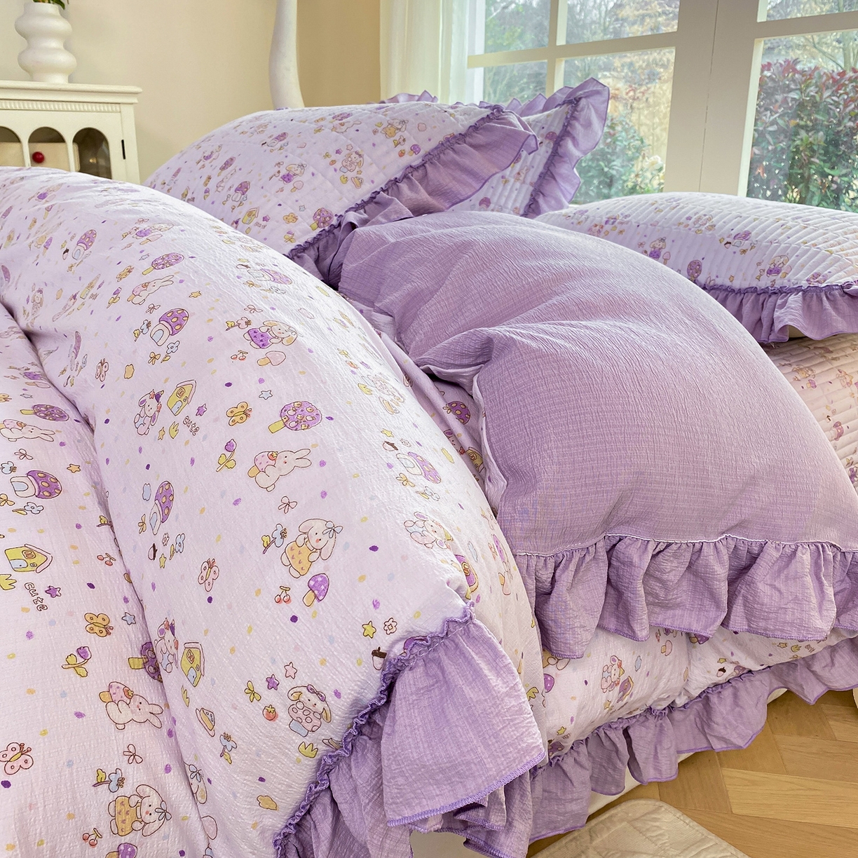 91家纺网 家纺一手货源 找家纺 眠势力 2026新款云感皱皱纱床盖四件套 萌兔乐园