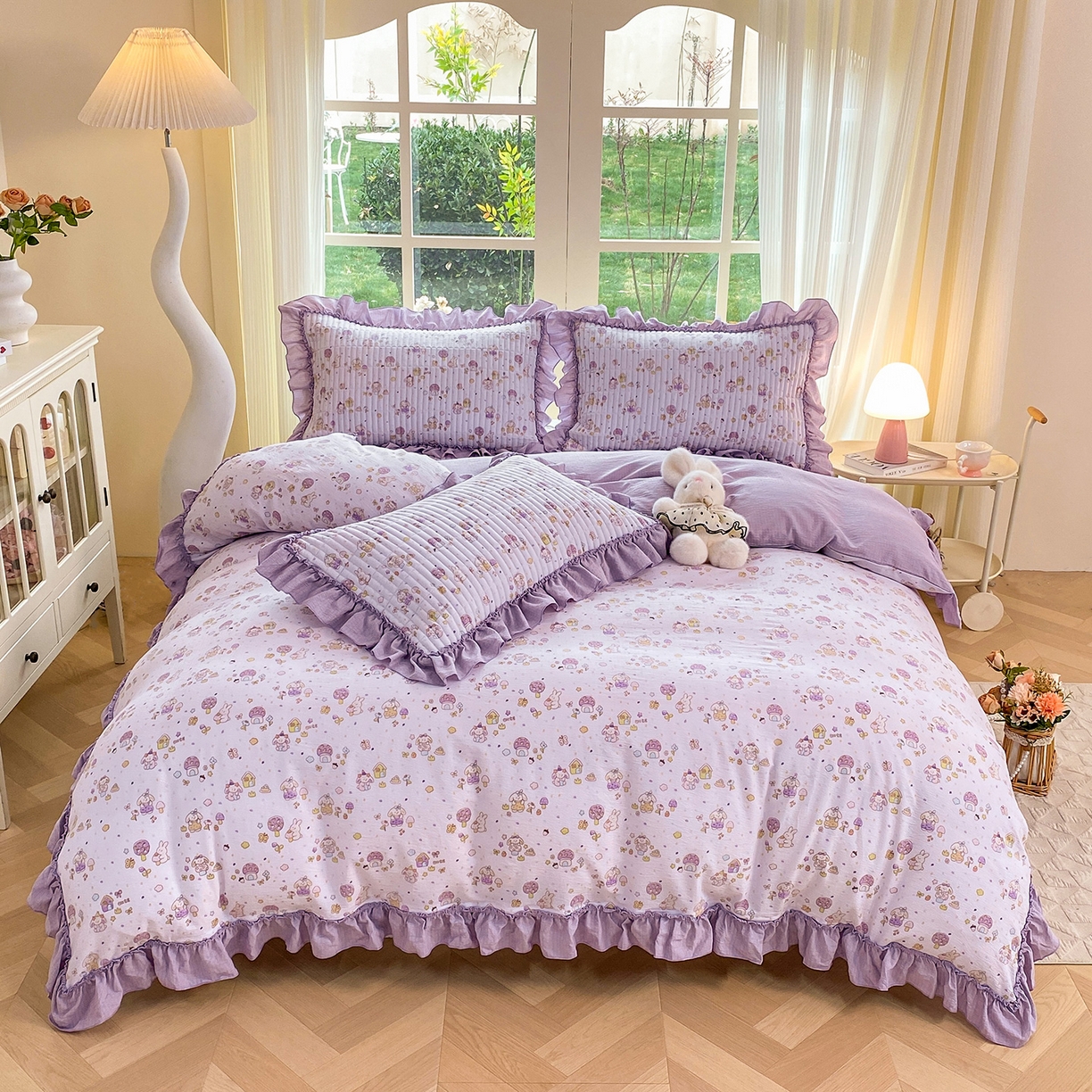 91家纺网 家纺一手货源 找家纺 眠势力 2026新款云感皱皱纱床盖四件套 萌兔乐园