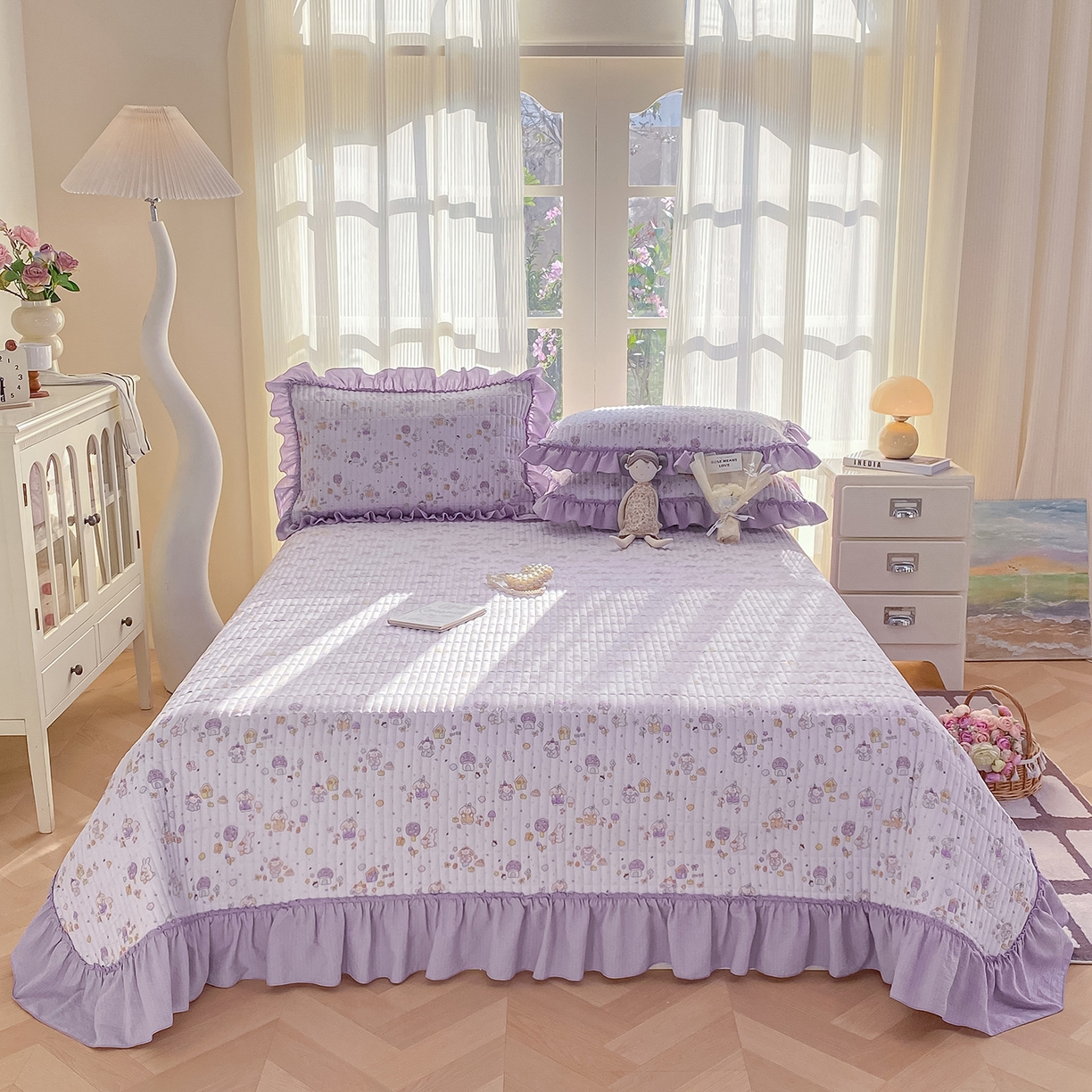 91家纺网 家纺一手货源 找家纺 眠势力 2026新款云感皱皱纱床盖四件套 萌兔乐园