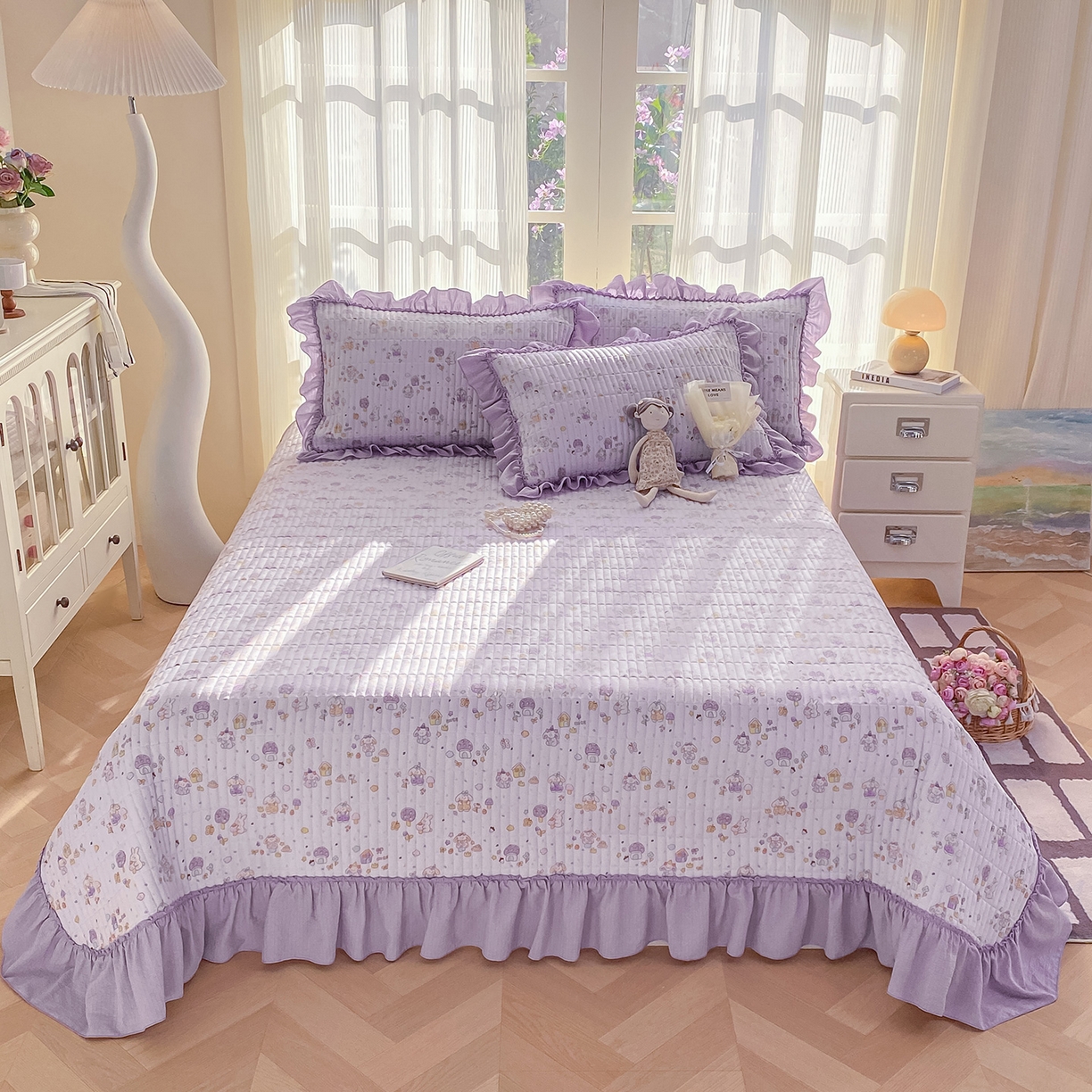 91家纺网 家纺一手货源 找家纺 眠势力 2026新款云感皱皱纱床盖四件套 萌兔乐园