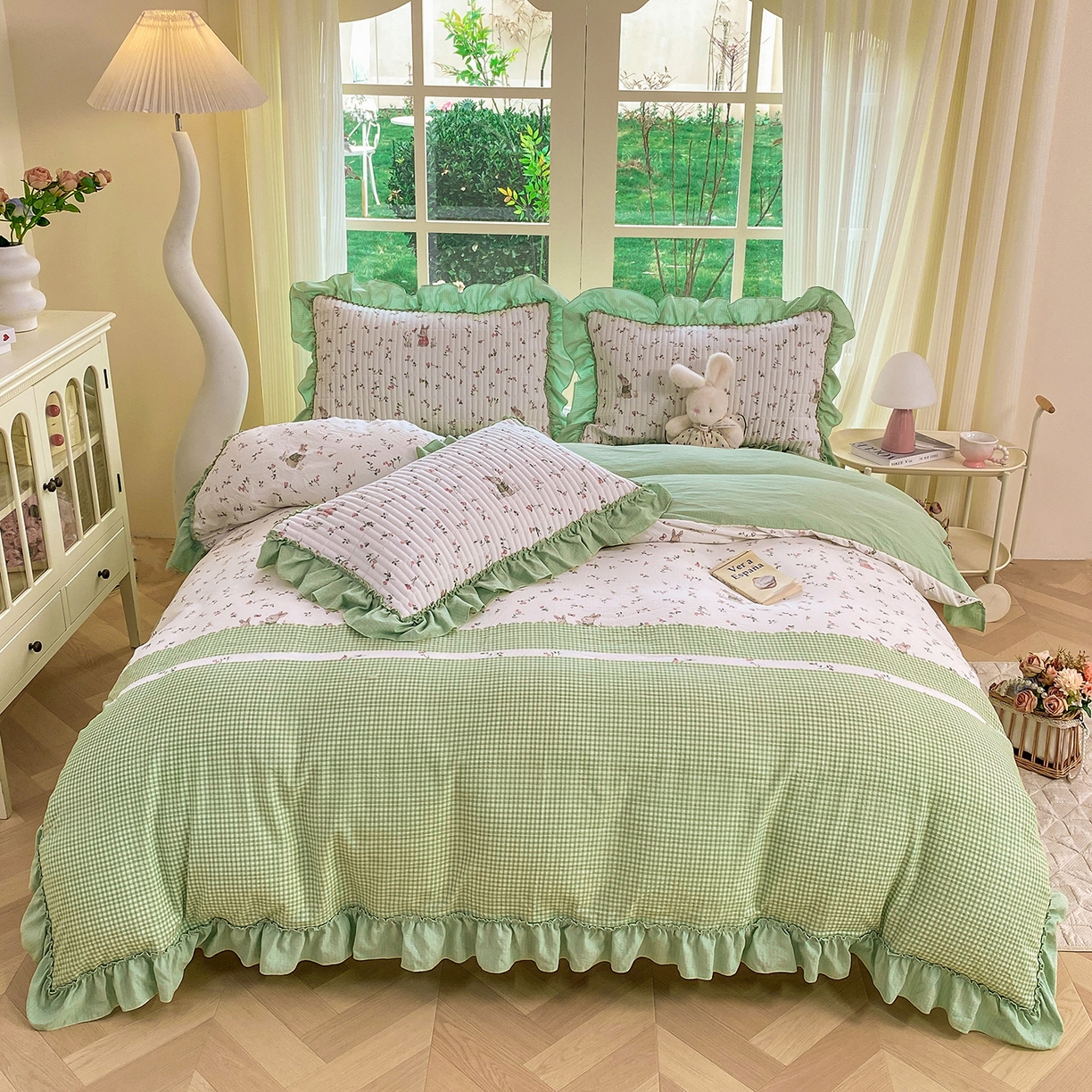 91家纺网 家纺一手货源 找家纺 眠势力 2026新款云感皱皱纱床盖四件套 青樱兔语