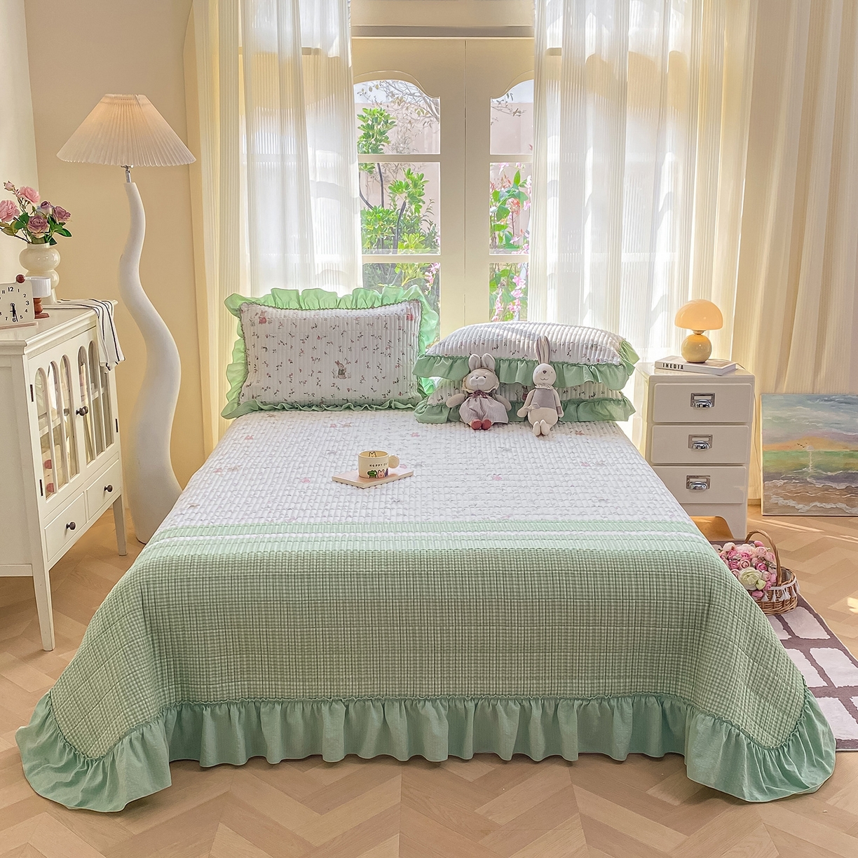 91家纺网 家纺一手货源 找家纺 眠势力 2026新款云感皱皱纱床盖四件套 青樱兔语