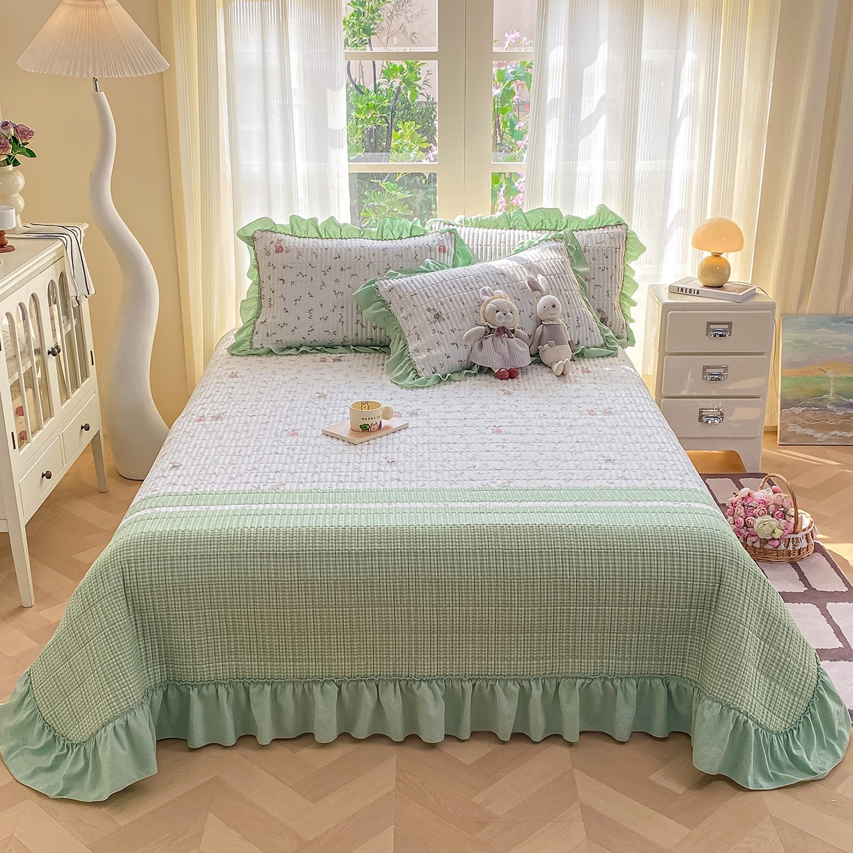 91家纺网 家纺一手货源 找家纺 眠势力 2026新款云感皱皱纱床盖四件套 青樱兔语