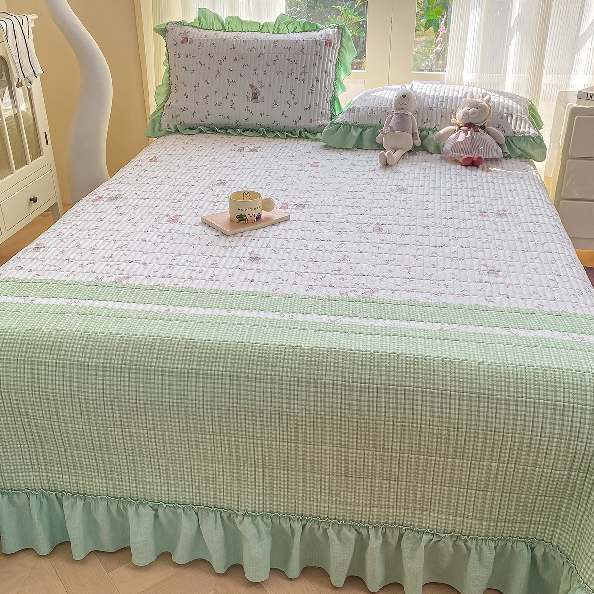 91家纺网 家纺一手货源 找家纺 眠势力 2026新款云感皱皱纱床盖四件套 青樱兔语