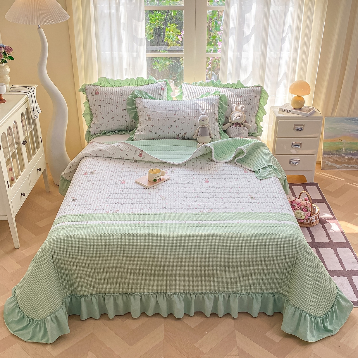 91家纺网 家纺一手货源 找家纺 眠势力 2026新款云感皱皱纱床盖四件套 青樱兔语