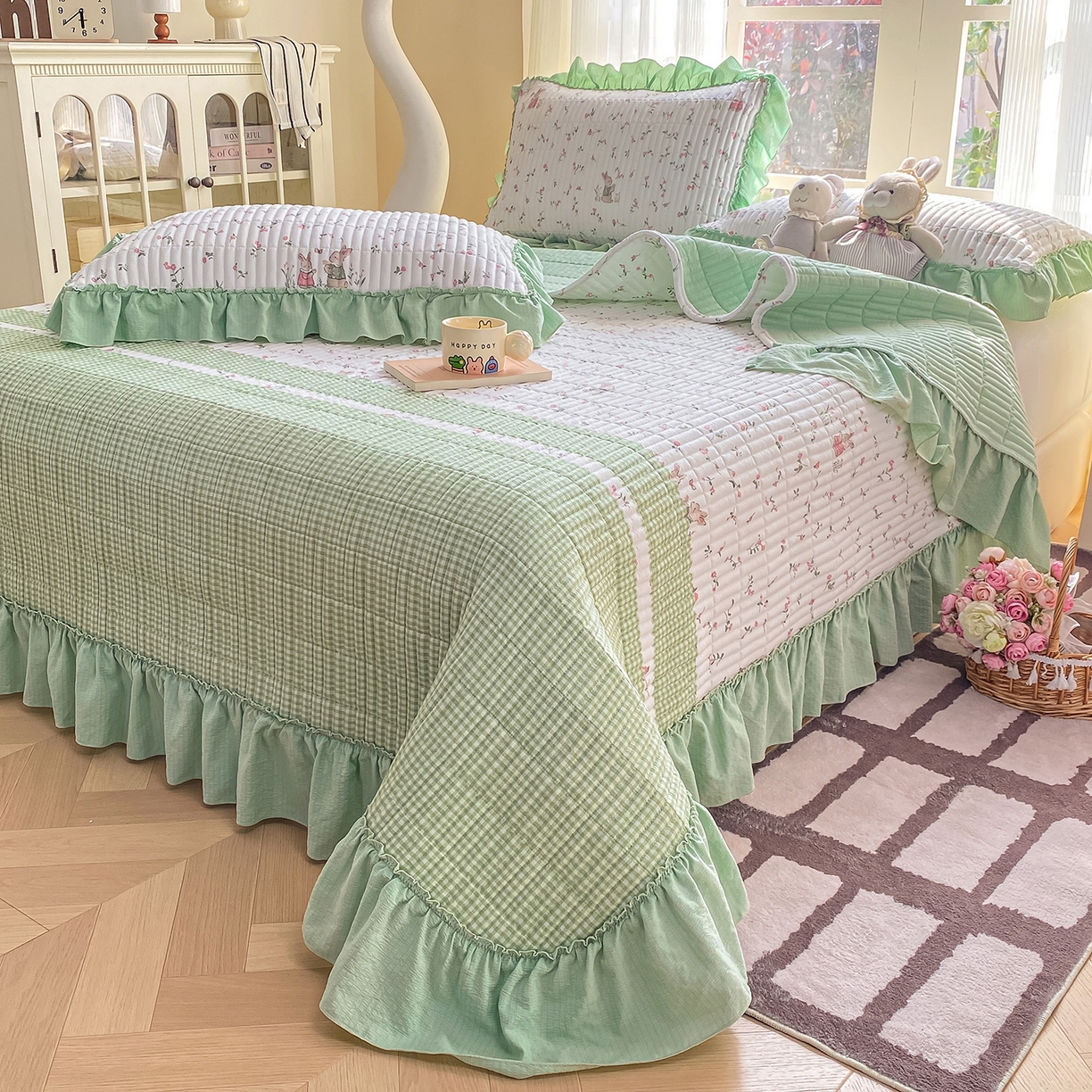 91家纺网 家纺一手货源 找家纺 眠势力 2026新款云感皱皱纱床盖四件套 青樱兔语