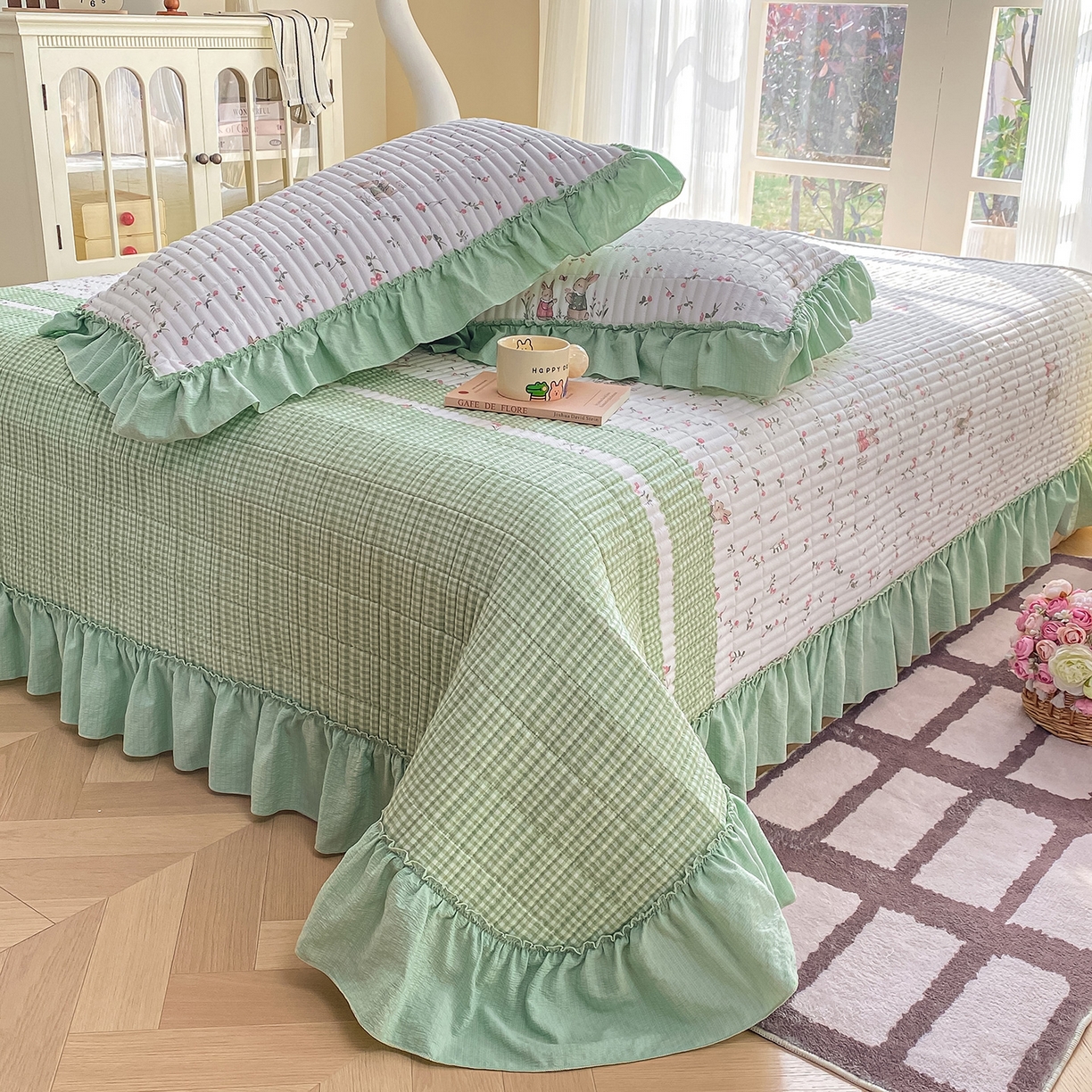 91家纺网 家纺一手货源 找家纺 眠势力 2026新款云感皱皱纱床盖四件套 青樱兔语