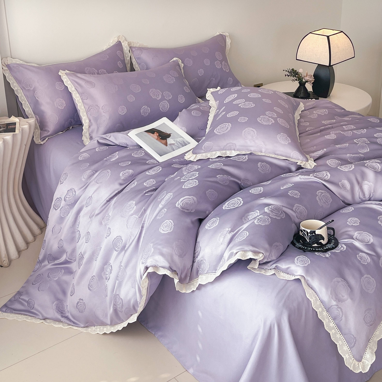 大麦乐田 2026春夏新款贡缎提花花边双拼四件套 玫瑰 初恋紫