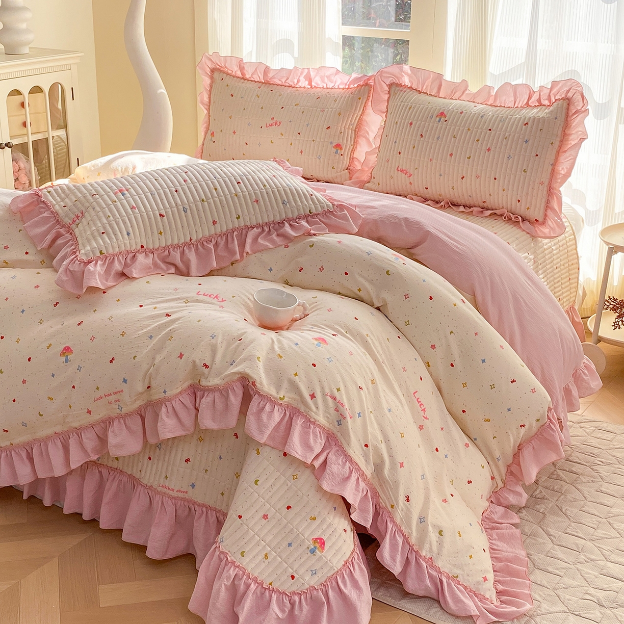 91家纺网 家纺一手货源 找家纺 眠势力 2026新款云感皱皱纱床盖四件套 星梦甜心