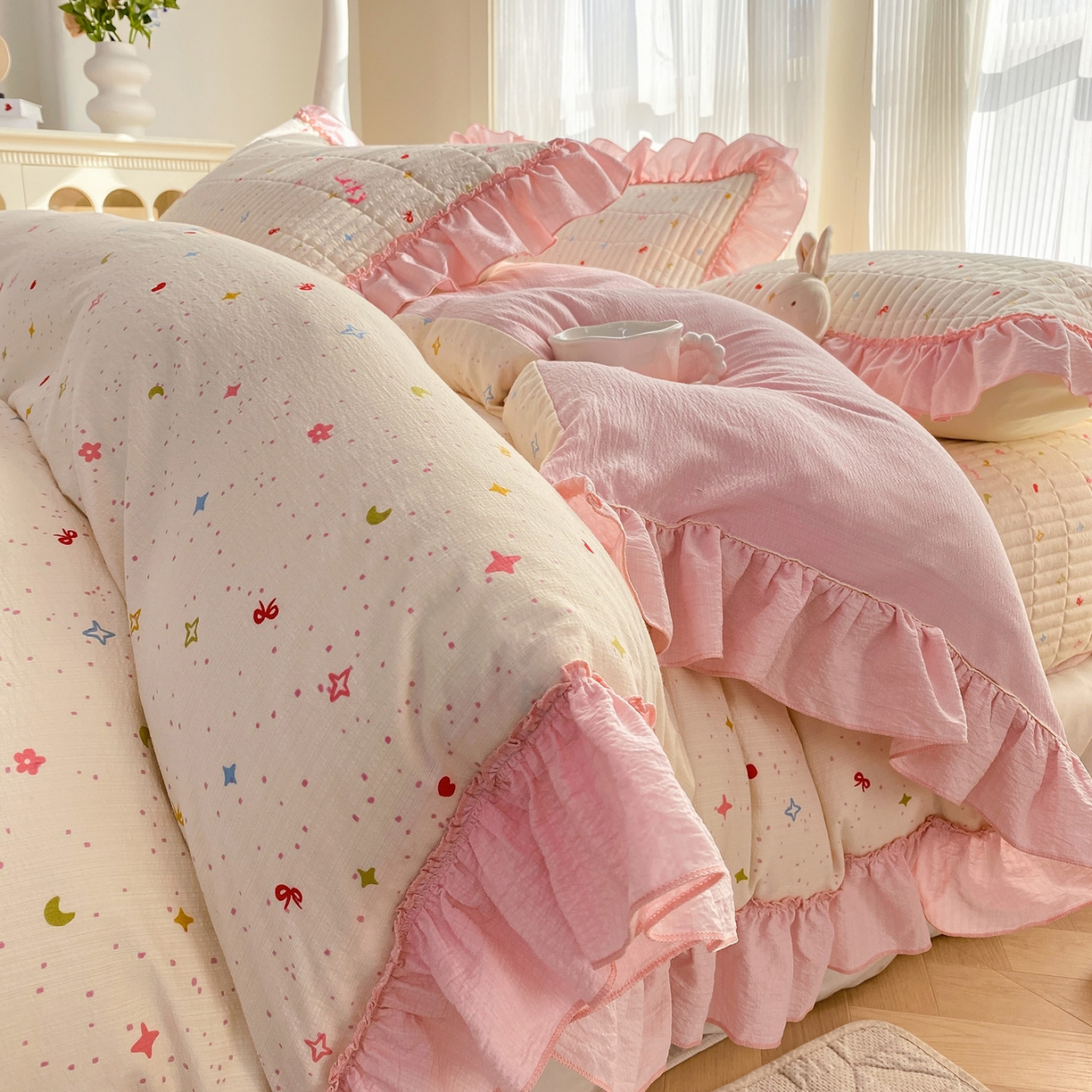 91家纺网 家纺一手货源 找家纺 眠势力 2026新款云感皱皱纱床盖四件套 星梦甜心