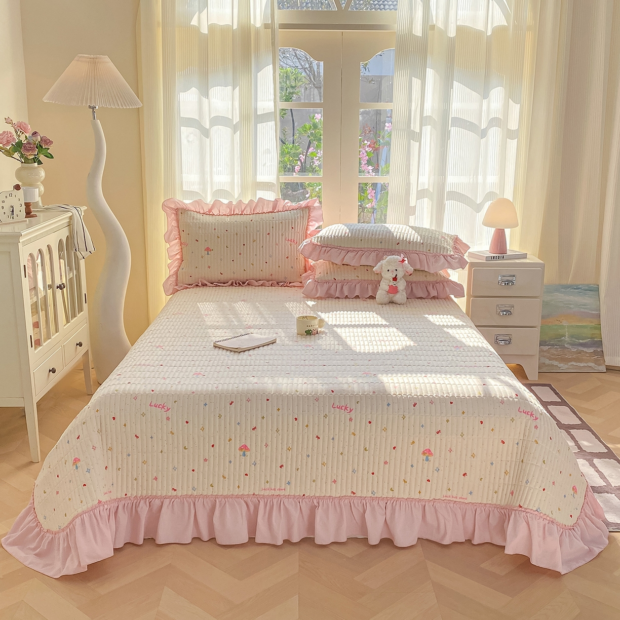 91家纺网 家纺一手货源 找家纺 眠势力 2026新款云感皱皱纱床盖四件套 星梦甜心