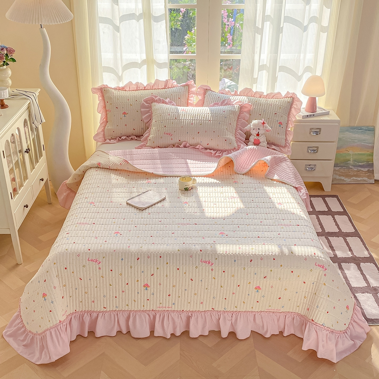 91家纺网 家纺一手货源 找家纺 眠势力 2026新款云感皱皱纱床盖四件套 星梦甜心