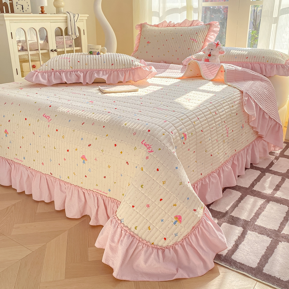 91家纺网 家纺一手货源 找家纺 眠势力 2026新款云感皱皱纱床盖四件套 星梦甜心