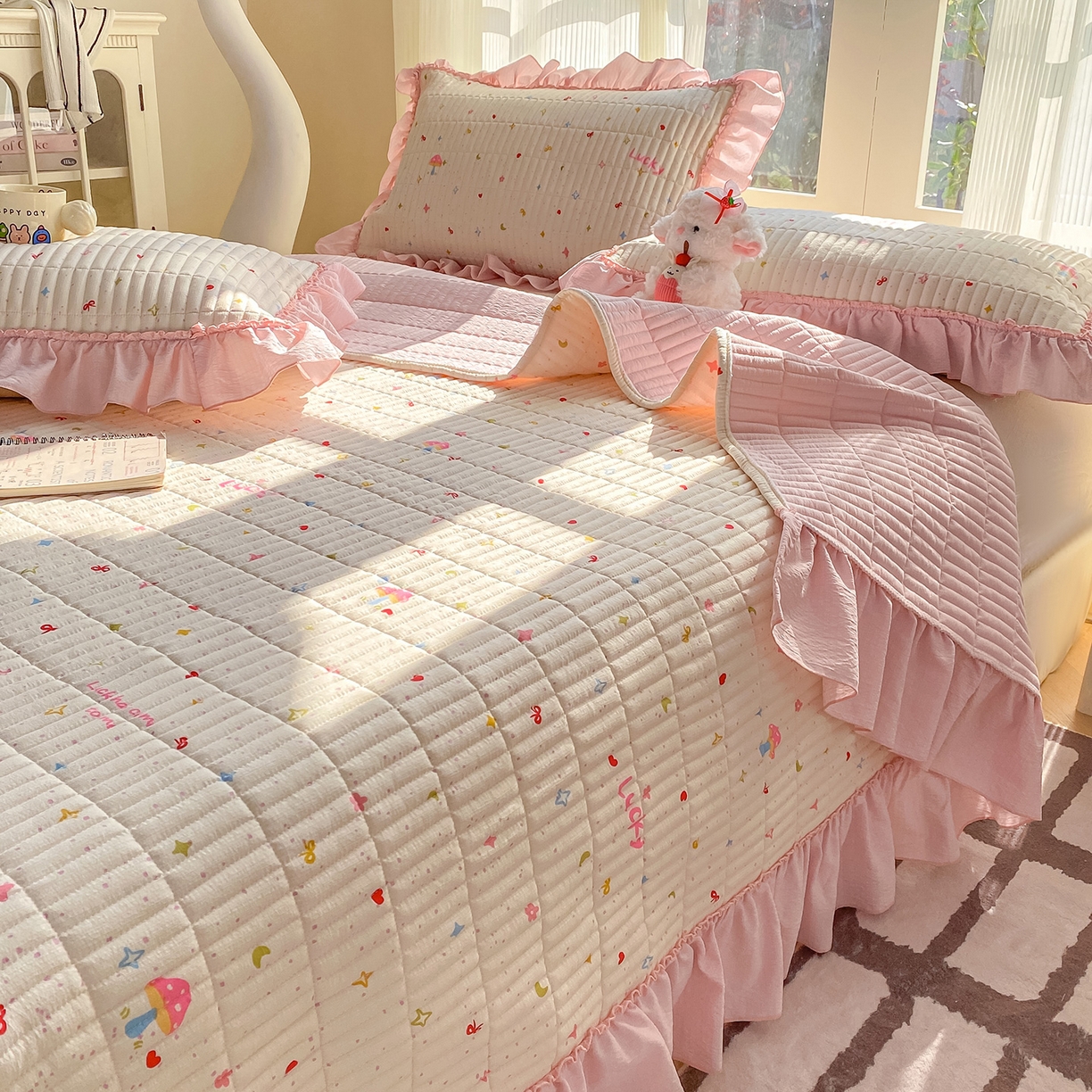 91家纺网 家纺一手货源 找家纺 眠势力 2026新款云感皱皱纱床盖四件套 星梦甜心