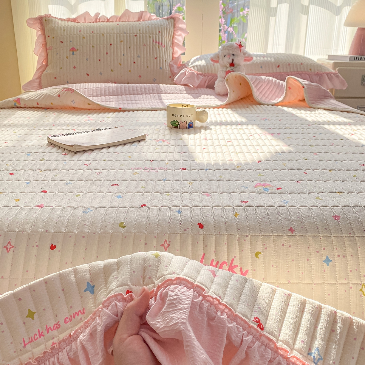 91家纺网 家纺一手货源 找家纺 眠势力 2026新款云感皱皱纱床盖四件套 星梦甜心