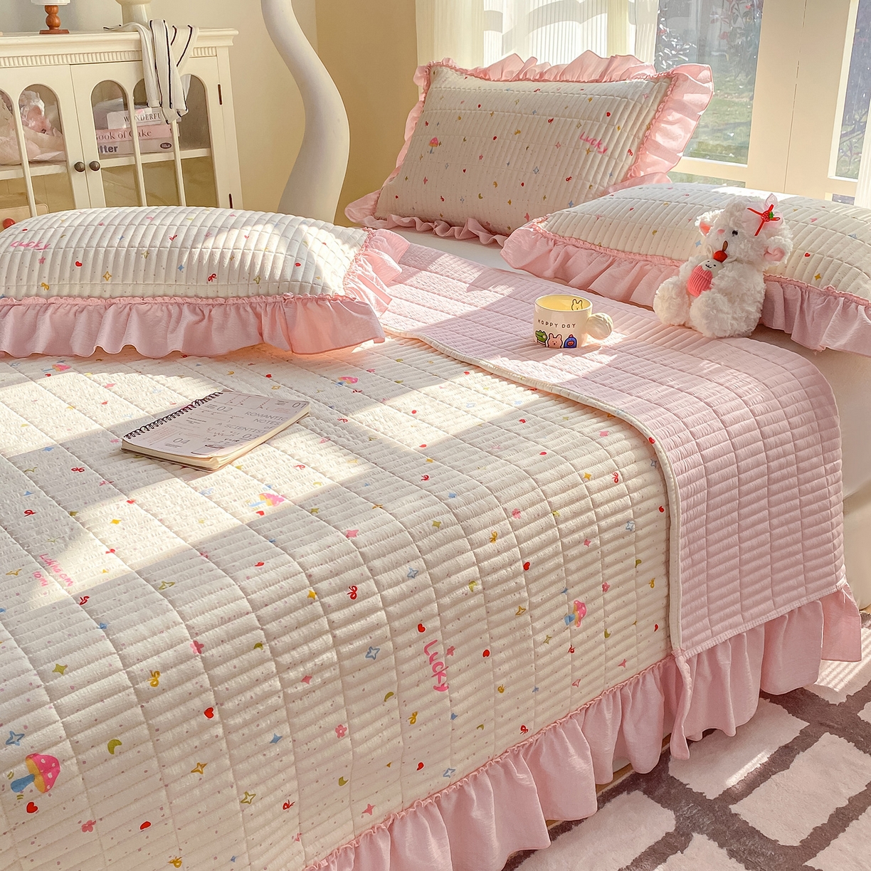 91家纺网 家纺一手货源 找家纺 眠势力 2026新款云感皱皱纱床盖四件套 星梦甜心