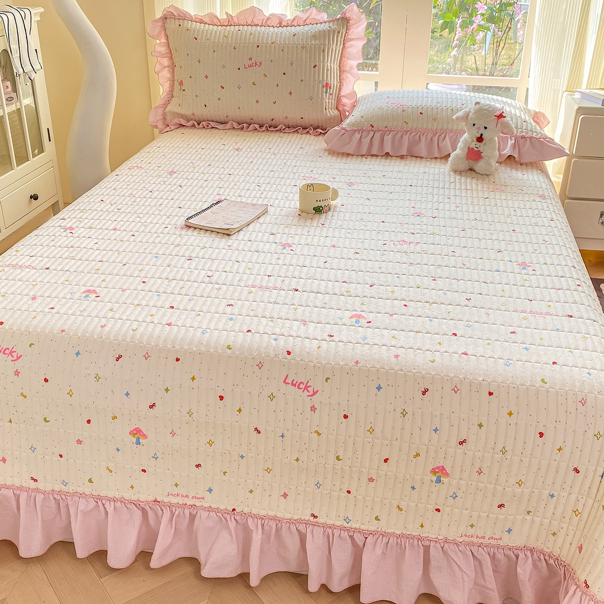 91家纺网 家纺一手货源 找家纺 眠势力 2026新款云感皱皱纱床盖四件套 星梦甜心