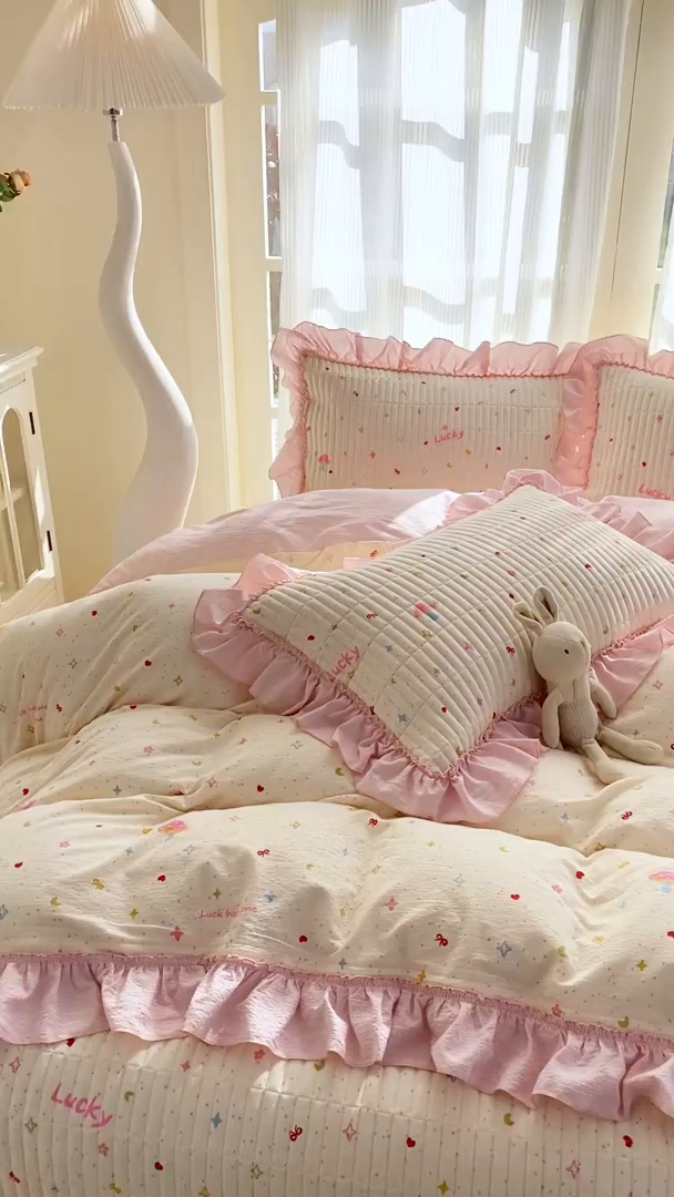 91家纺网 家纺一手货源 找家纺 眠势力 2026新款云感皱皱纱床盖四件套 星梦甜心